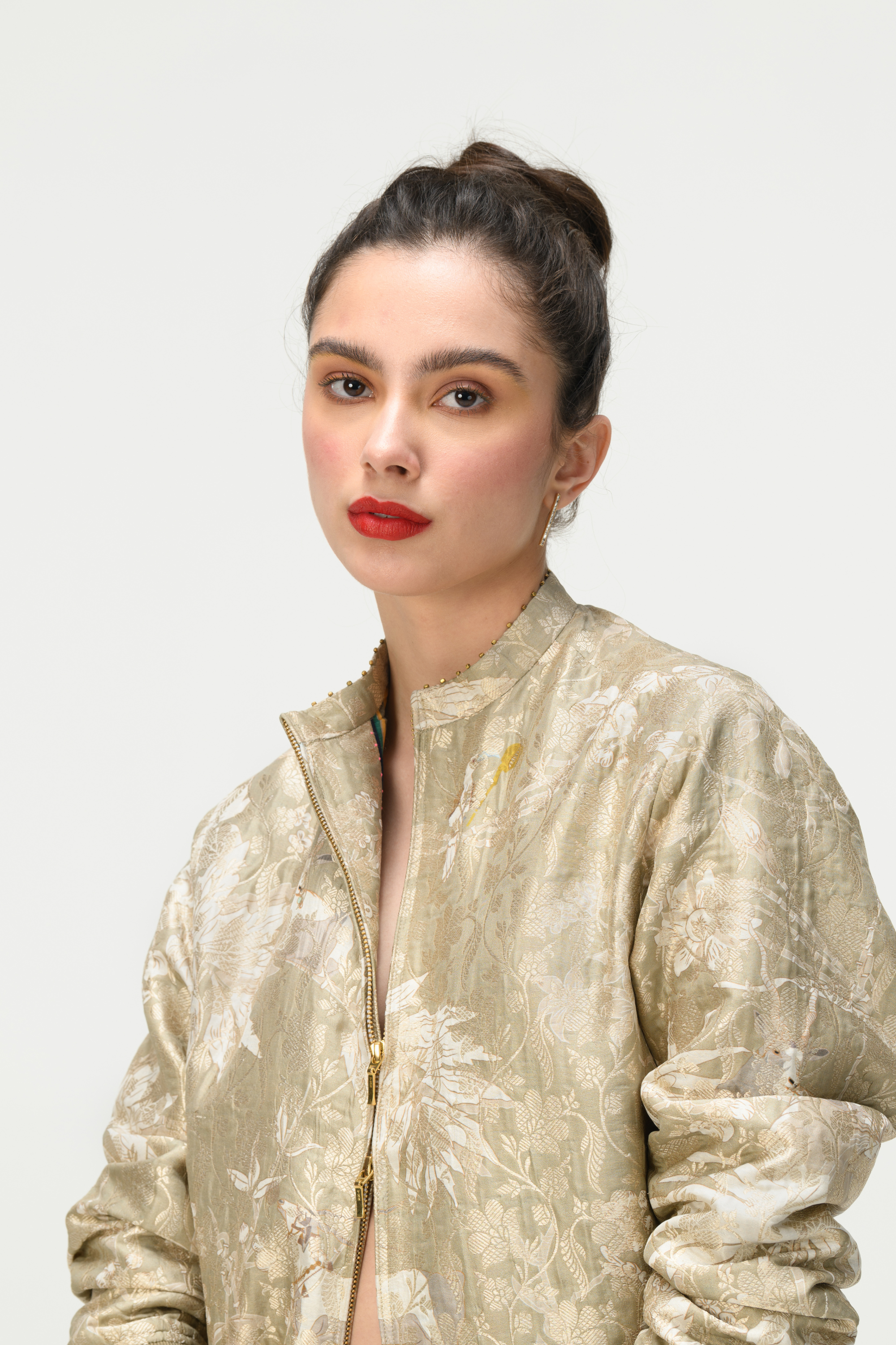 Rainforest Janbaaz Bomber Jacket Oyster Grey Silk Brocade