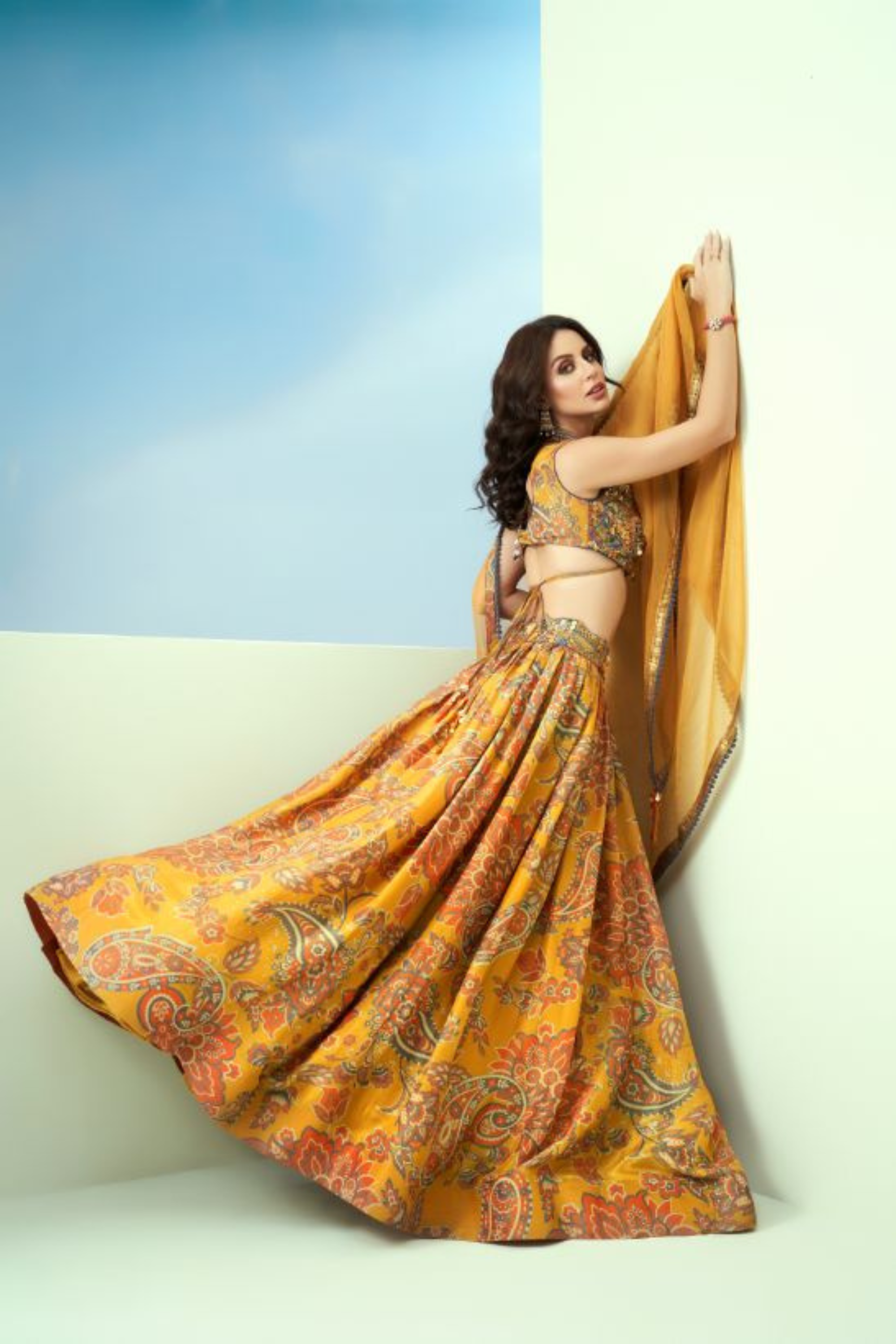 Yellow Printed Tissue Waist Emb. Lehenga