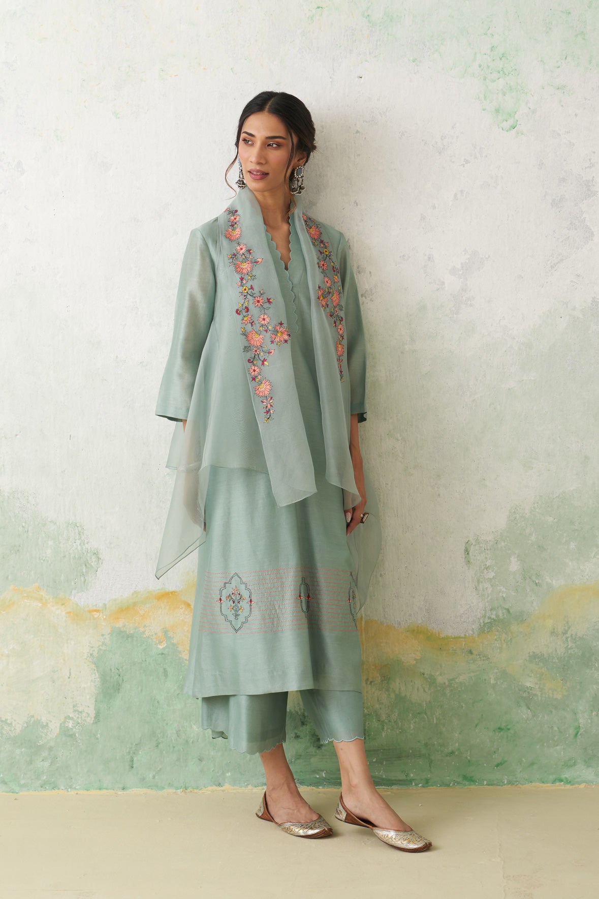Aqua Chanderi Kashmiri Emb. Kurta Set