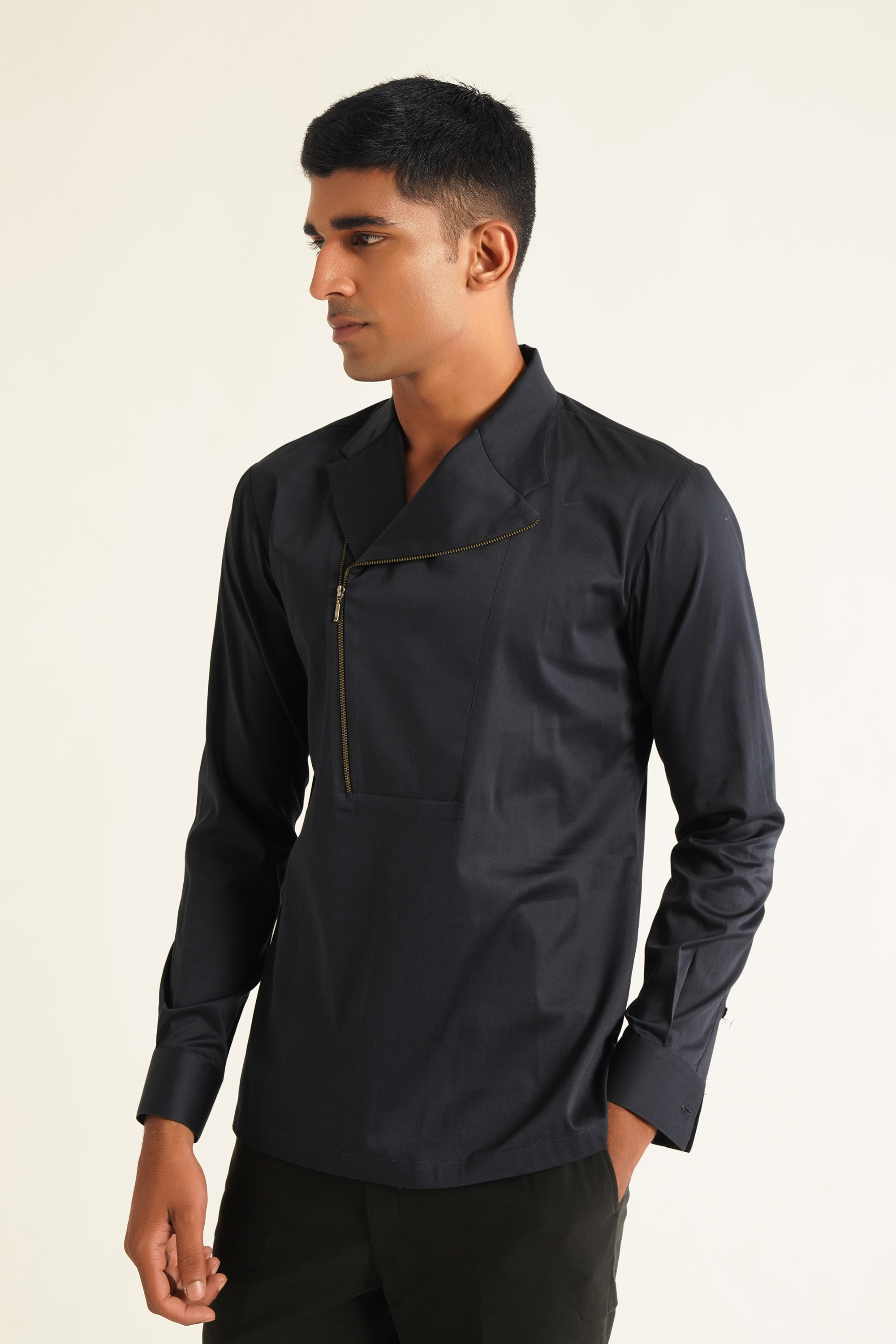 Zipper Lapel Kurta Shirt