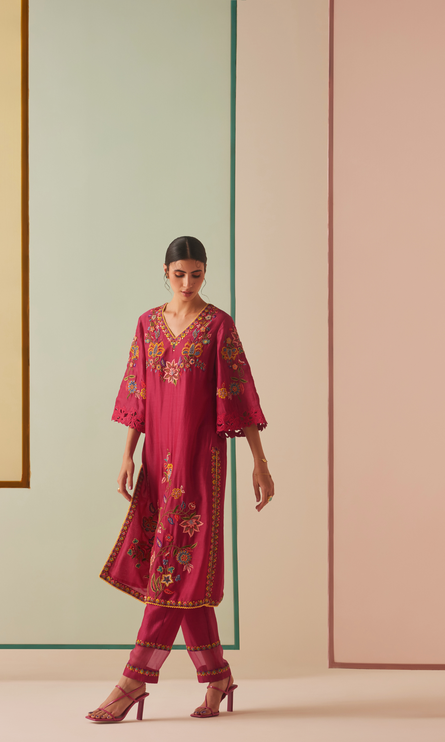 Fuchsia embroidered kurta with organza detail pants