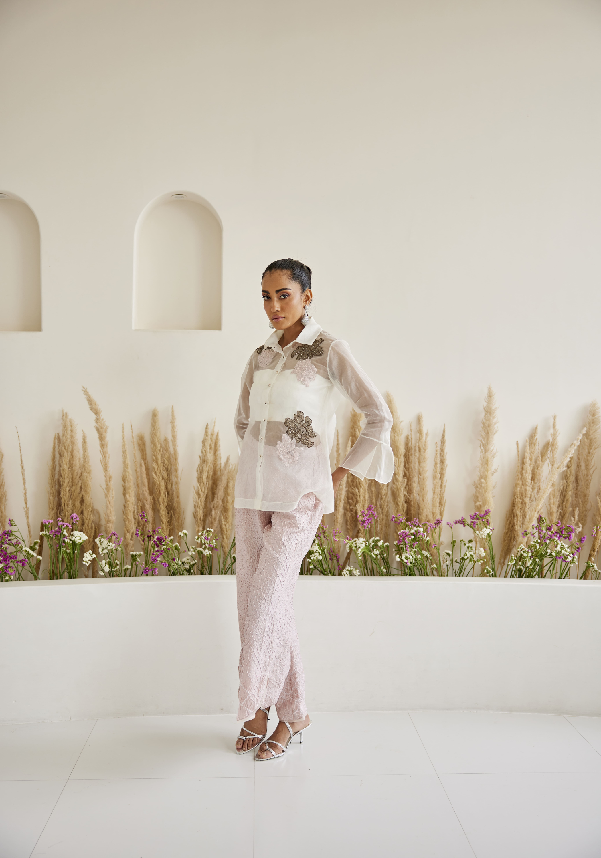 Organza Bandhani Applique Flared Sleeves Top