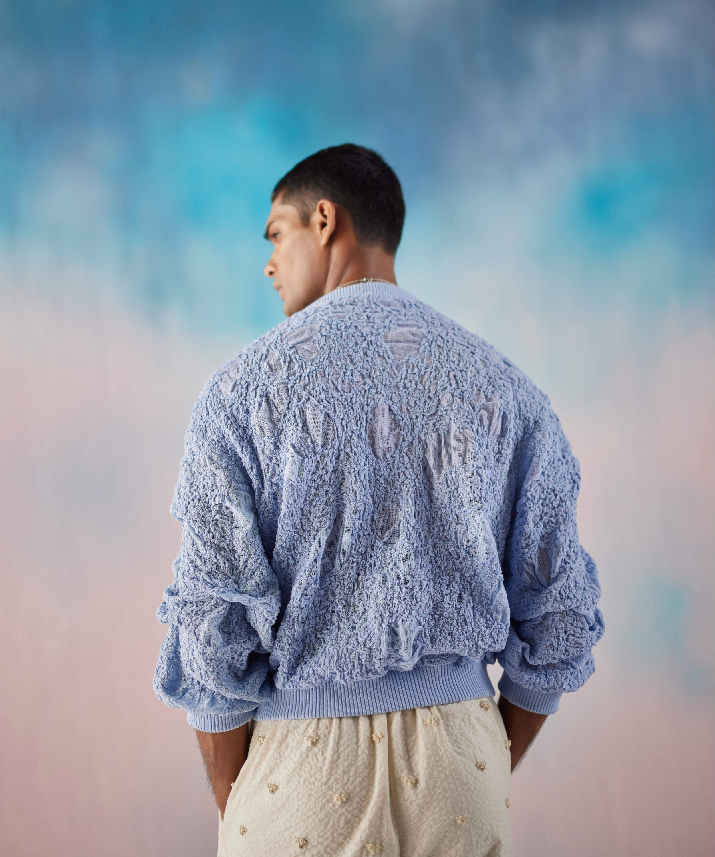 Boy Blue Cotton Net Fully Smocked Bomber Jacket