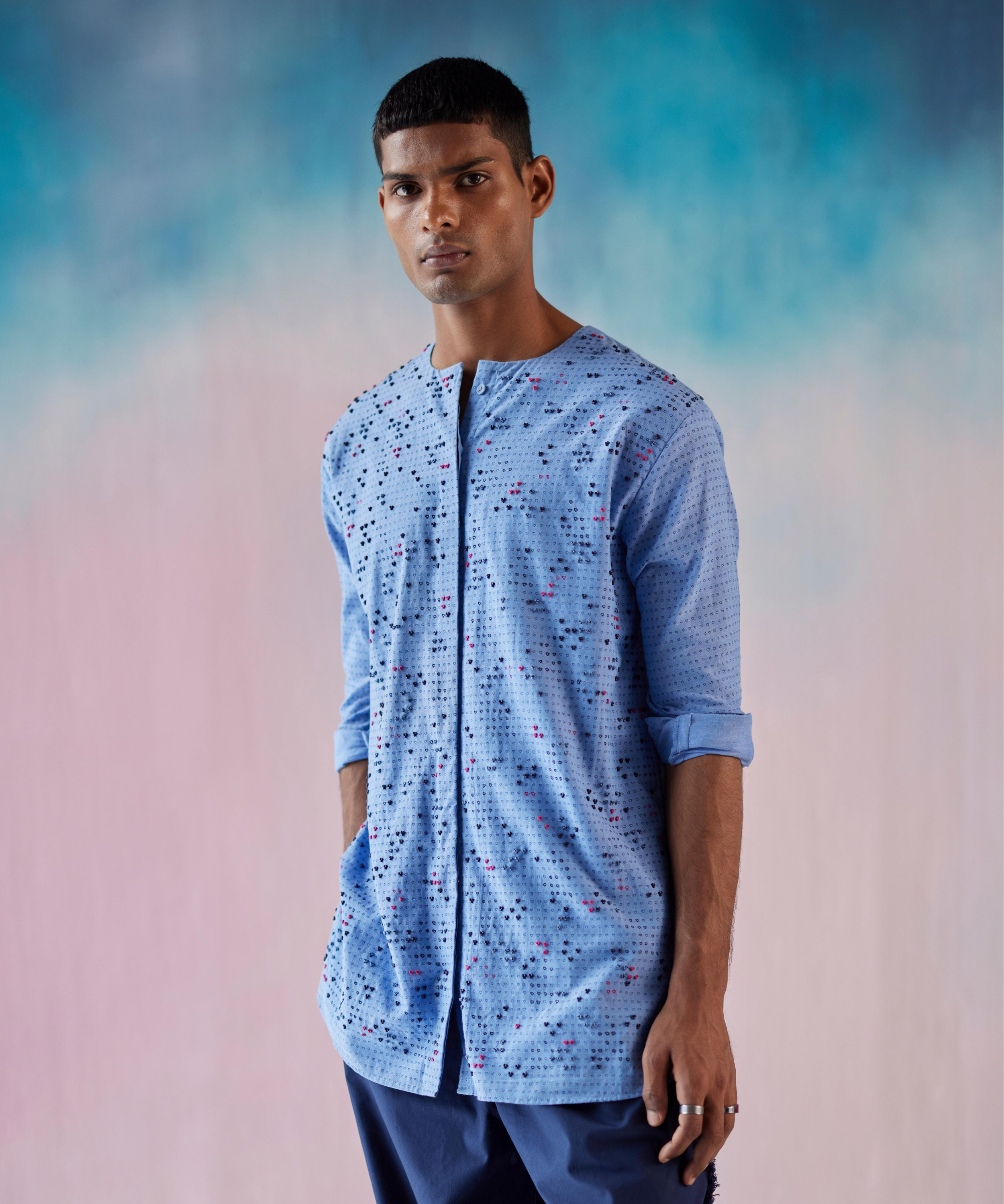 Small Heart Print Pixel Heart Emb Round Neck Concealed Placket Shirt