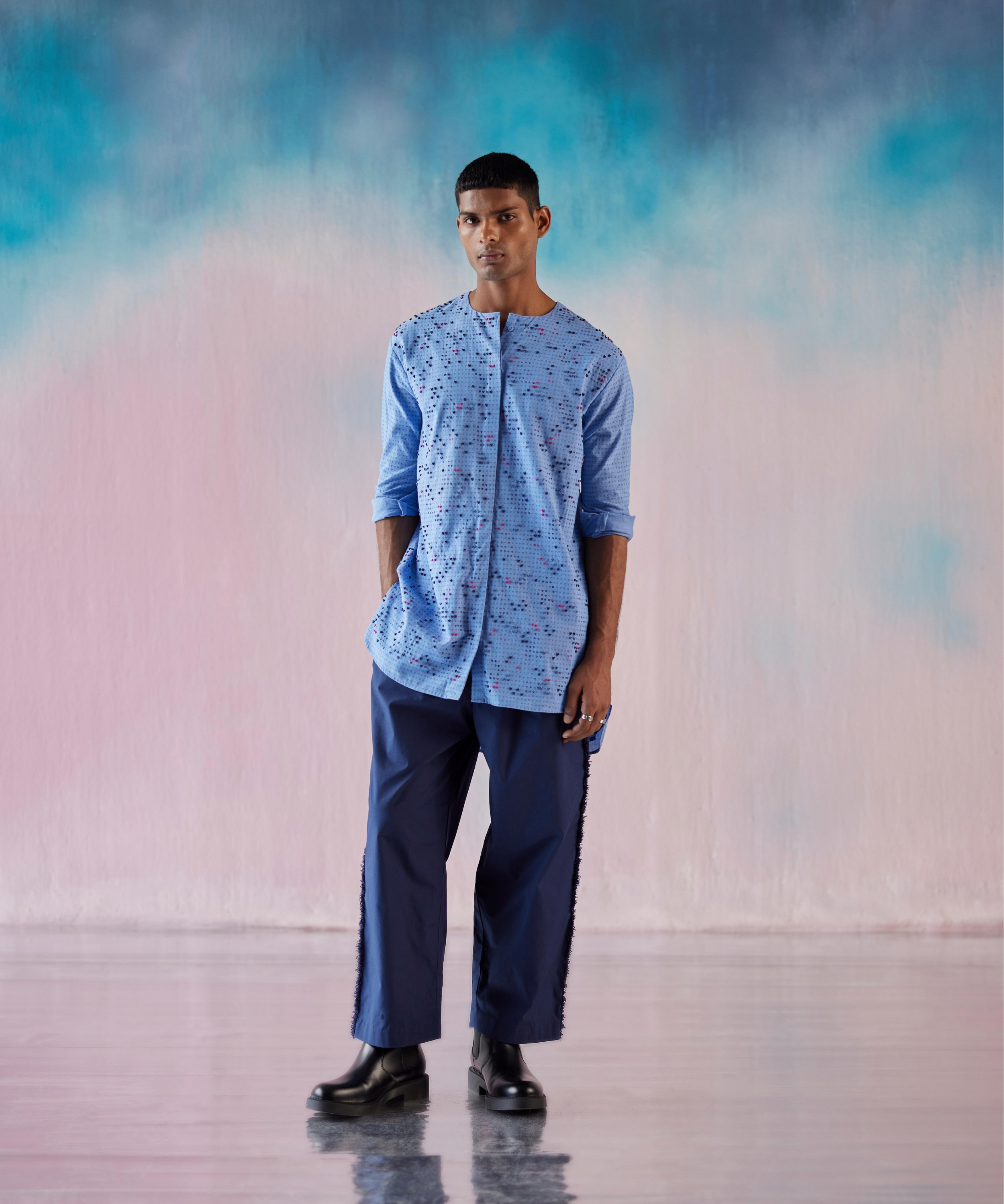 Small Heart Print Pixel Heart Emb Round Neck Concealed Placket Shirt