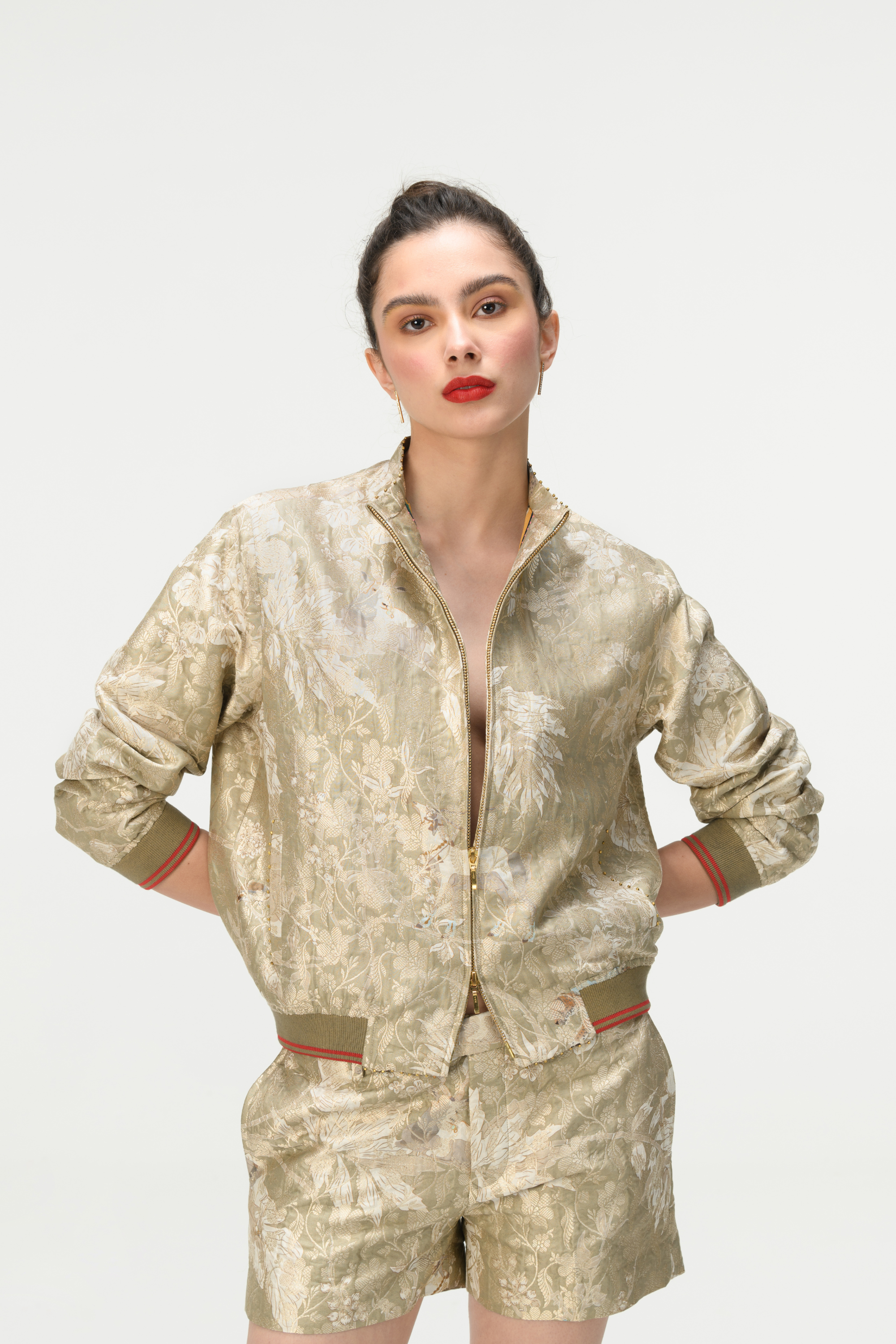 Rainforest Janbaaz Bomber Jacket Oyster Grey Silk Brocade
