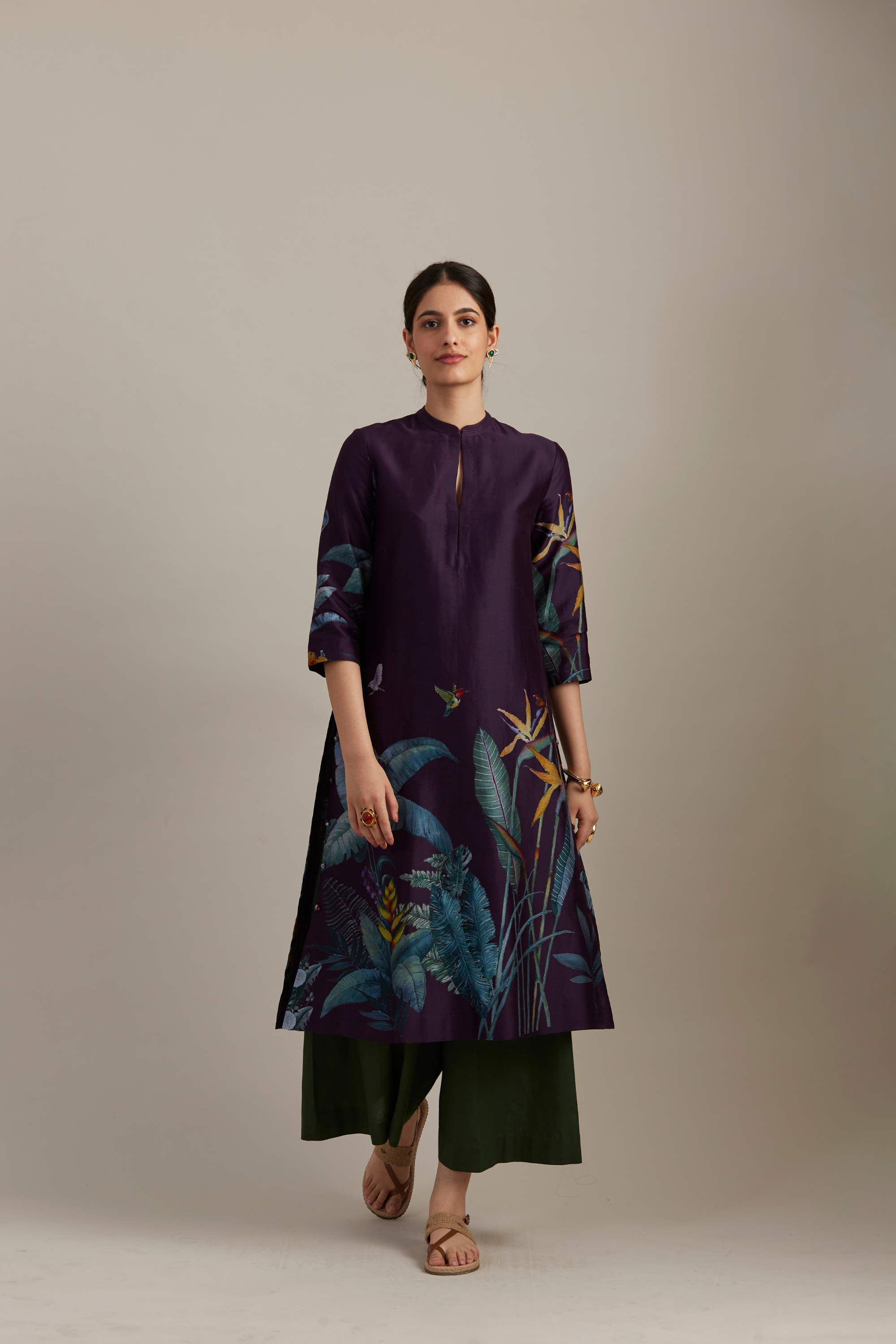 Wine Silk Chanderi Kurta, Adorned With Forest Print