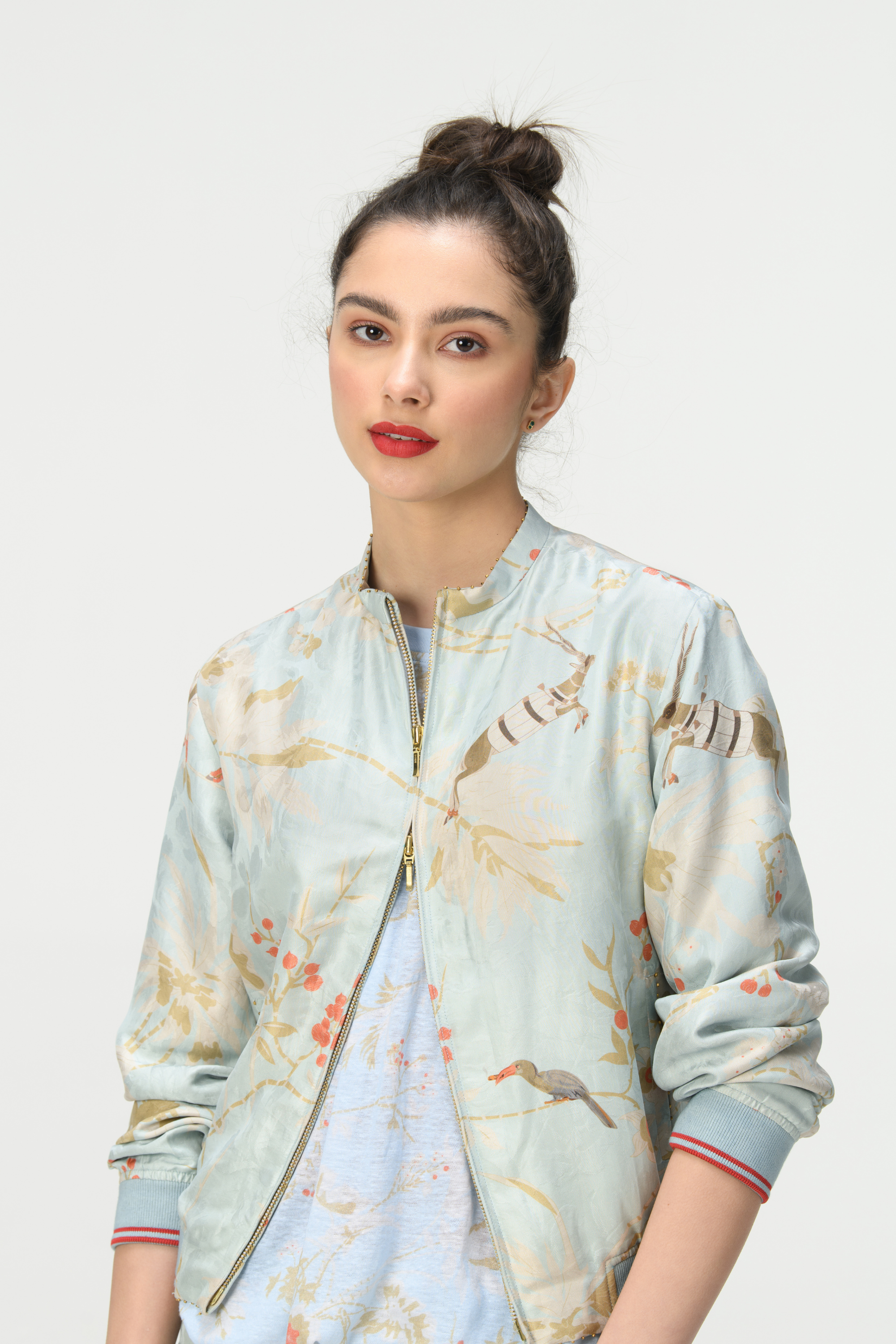 Rainforest Janbaaz Bomber Jacket Ice Blue Silk Damask