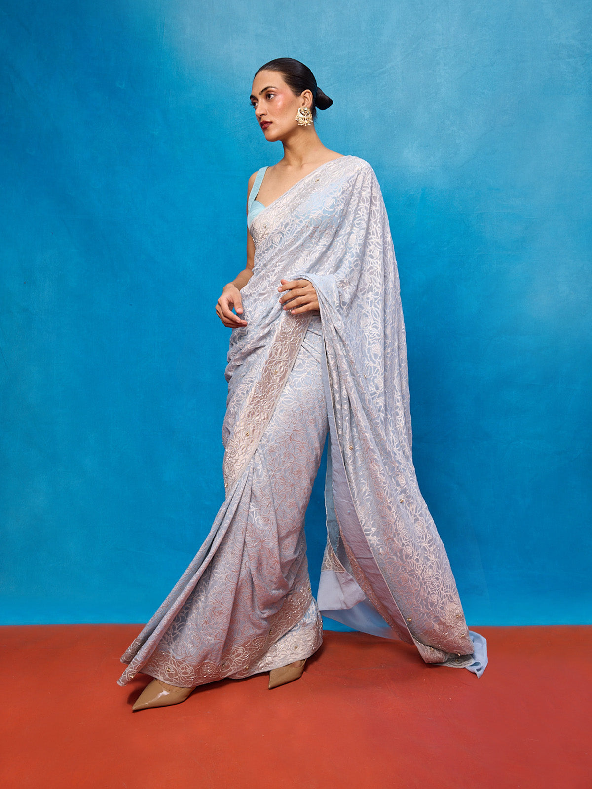 Handwoven Ice Blue Chiffon Embossed Saree