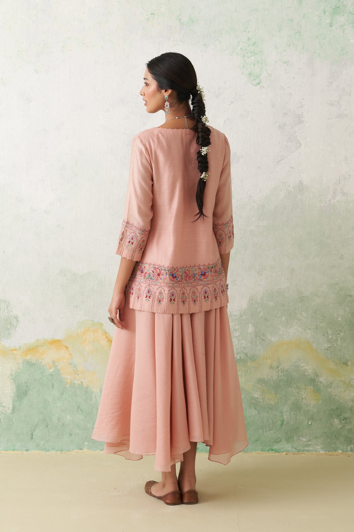 Soft Pink Chanderi Kashmiri Emb. Short Kurta