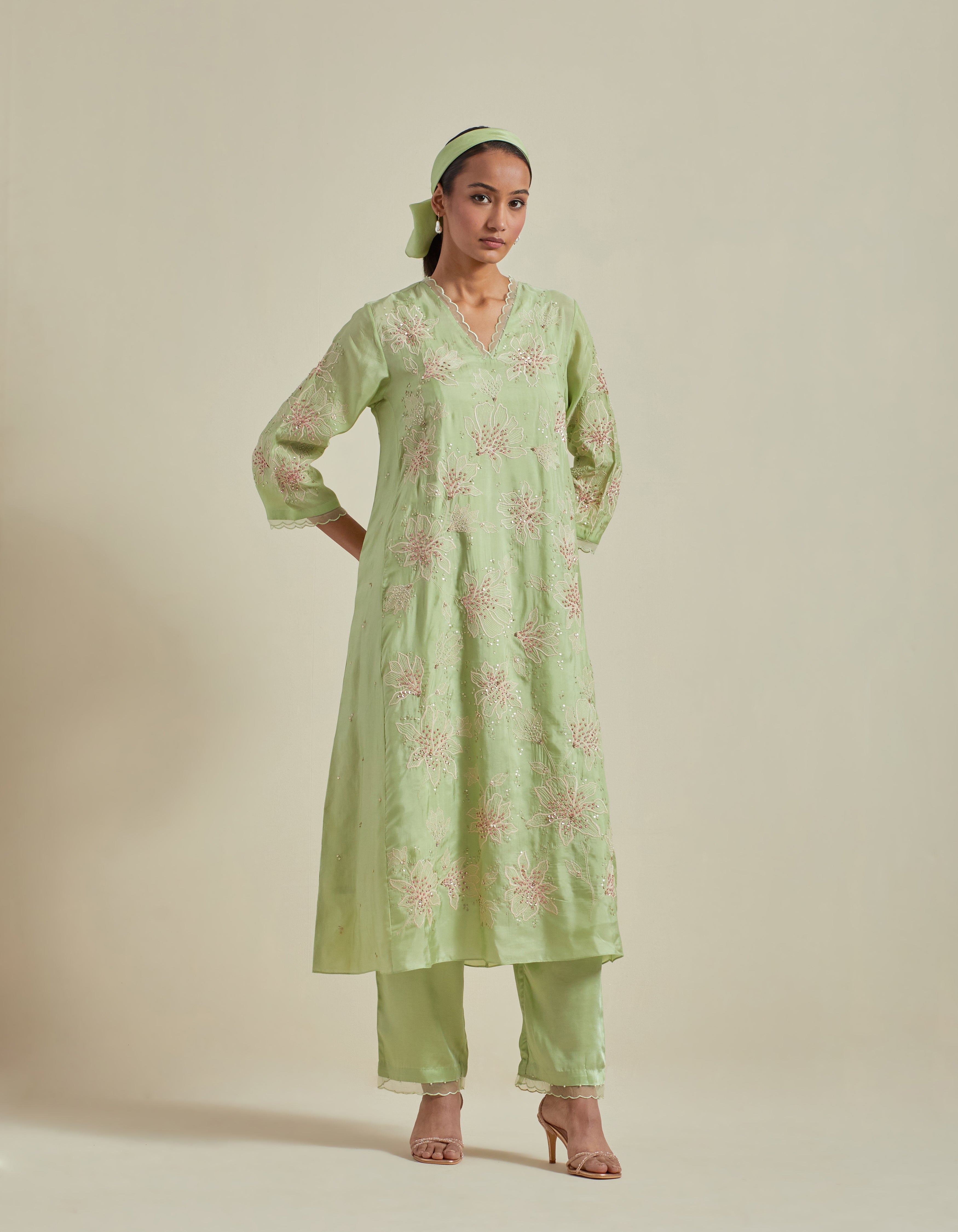 Green Paneled A Line Kurta Set