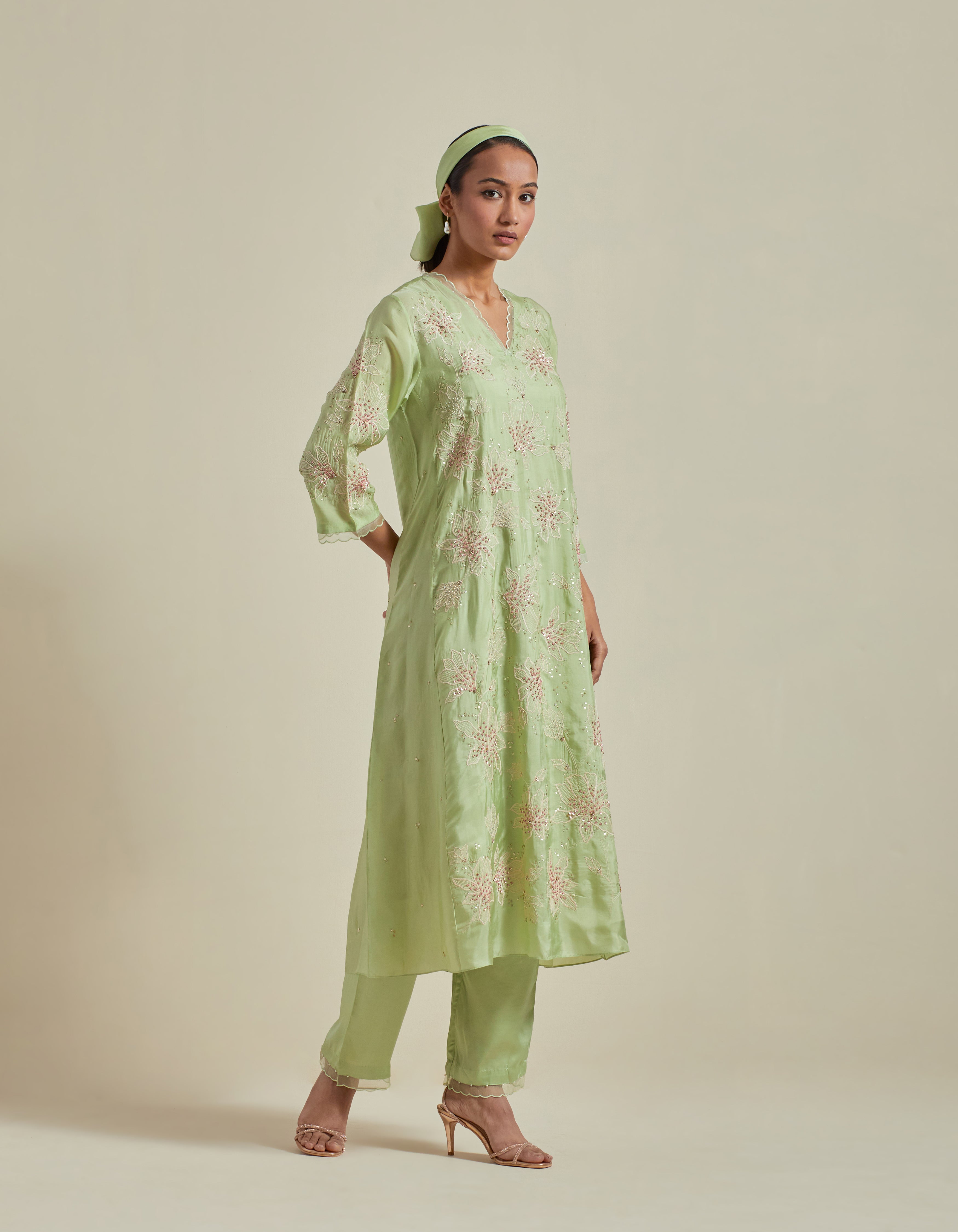 Green Paneled A Line Kurta Set