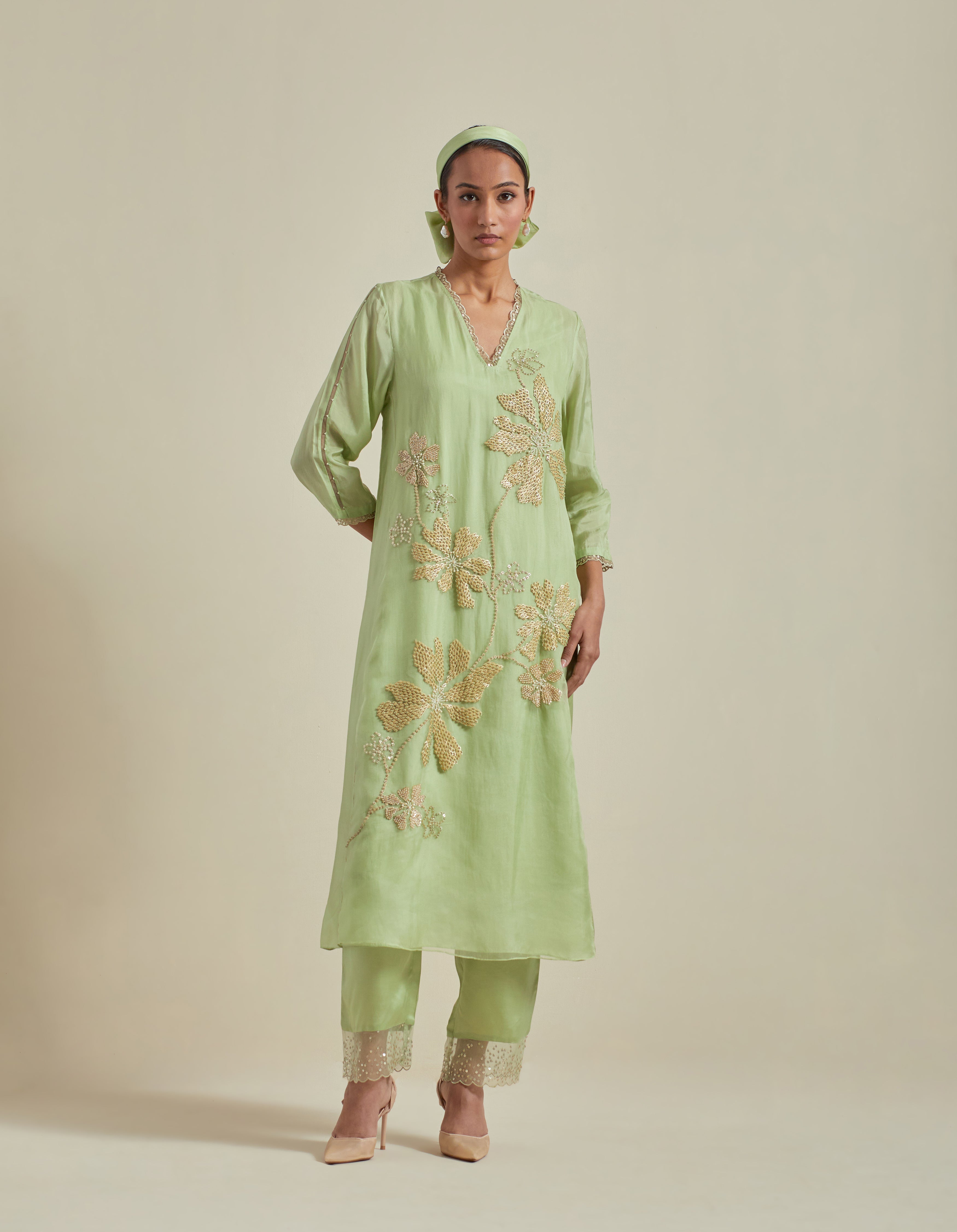 Green Paneled A line Kurta Set