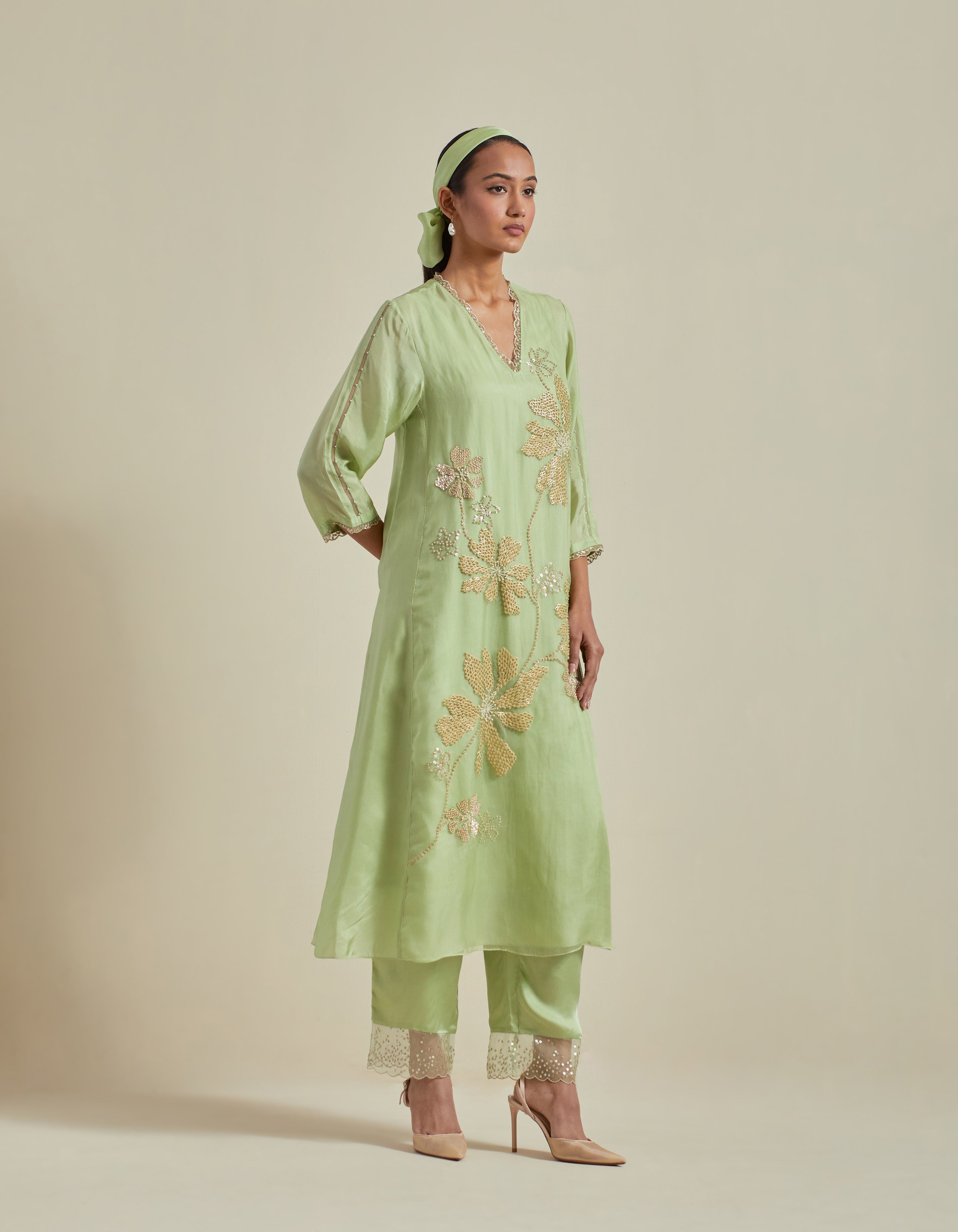 Green Paneled A line Kurta Set