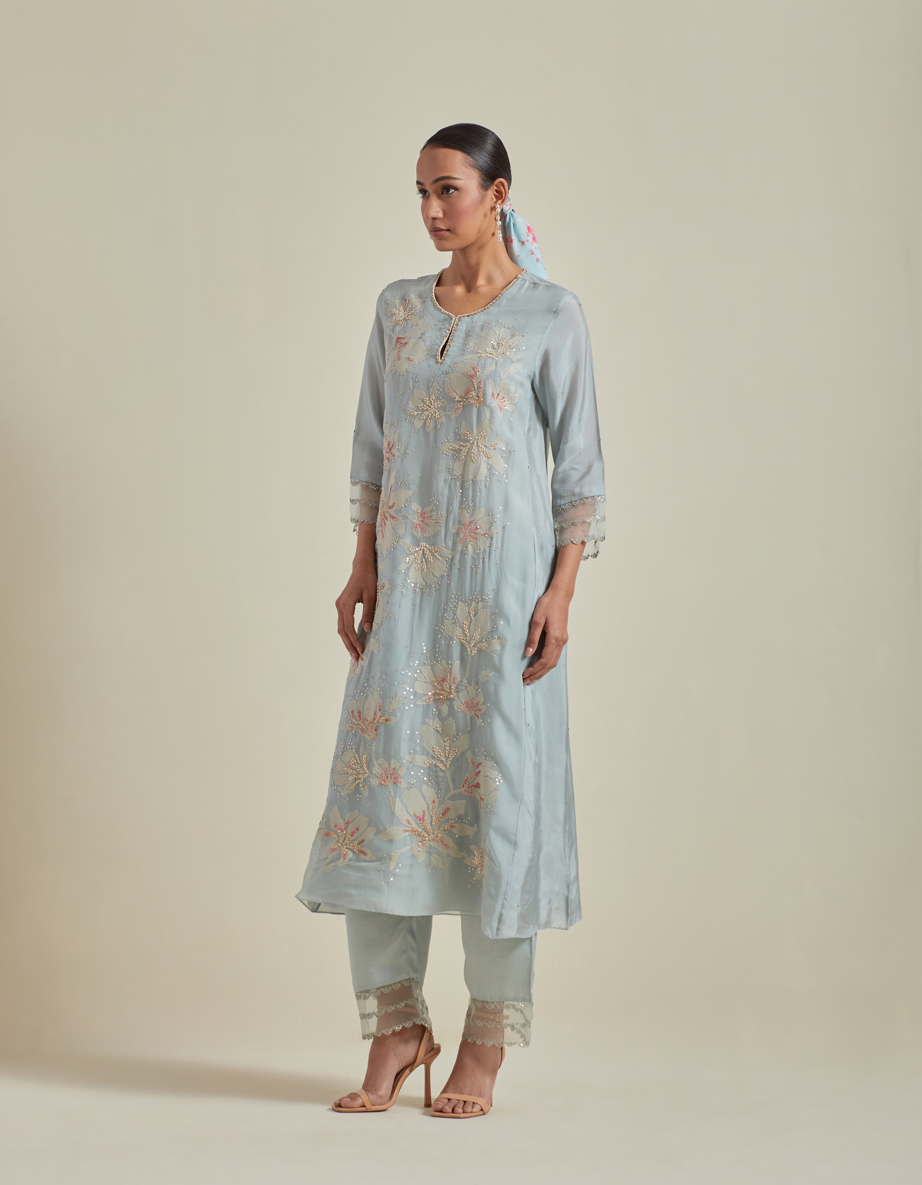 Blue Paneled A Line Kurta Set