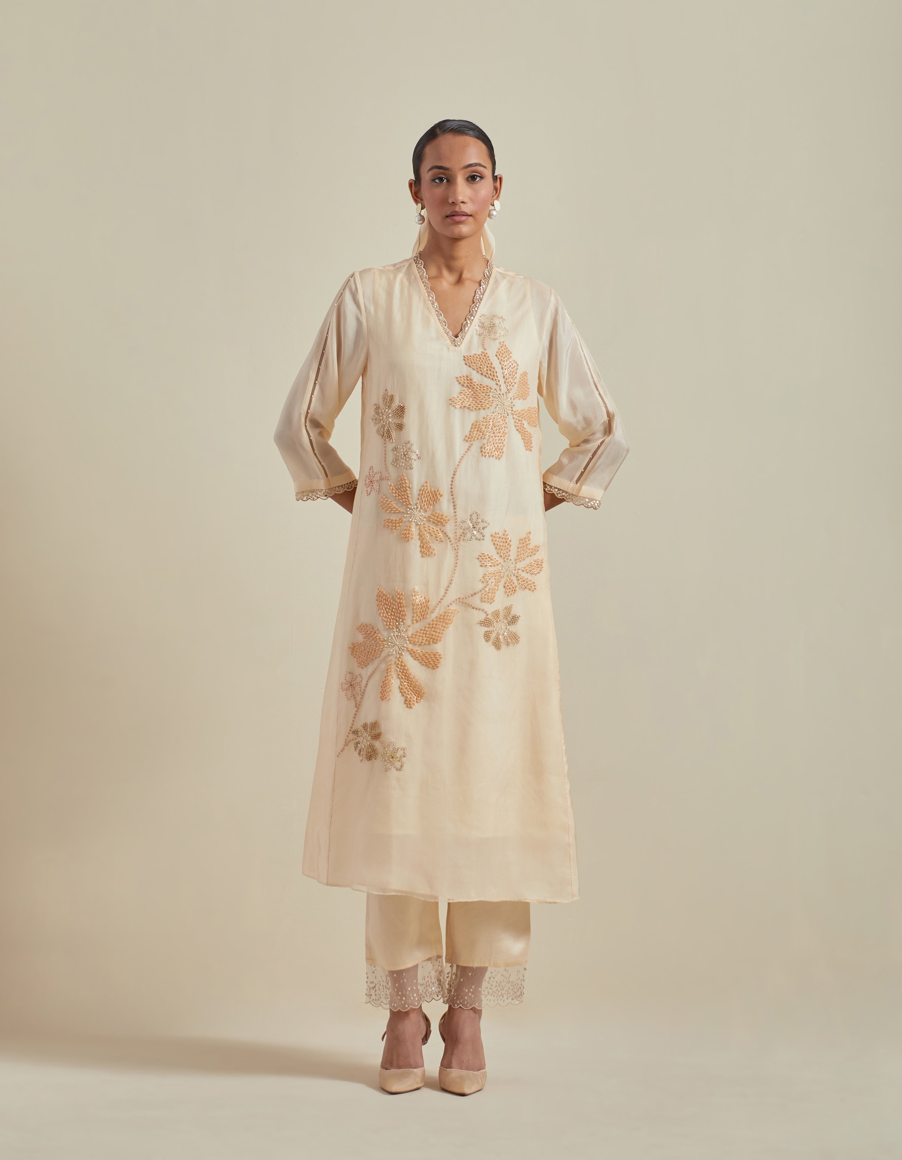 Off White Paneled A Line Kurta Set