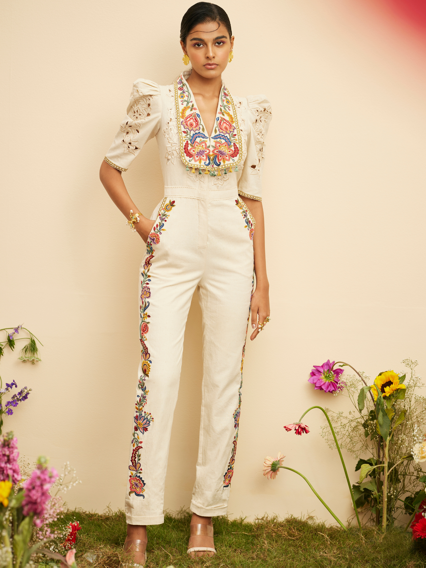 Ivory Embroidered And Cutwork Jumpsuit