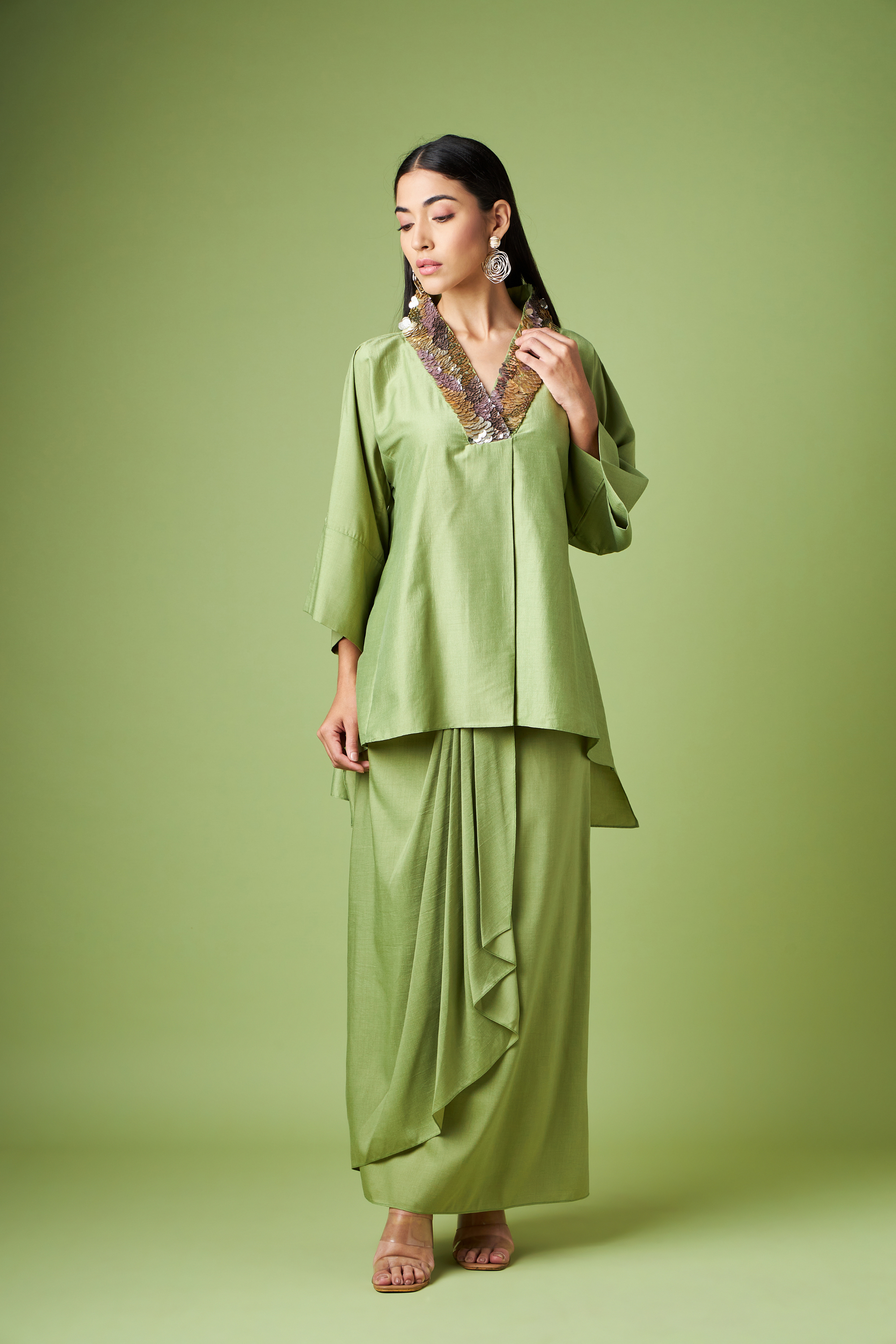 Green Kimono Kaftan Skirt Co-Ord Set With Metallic Neck Embellishment
