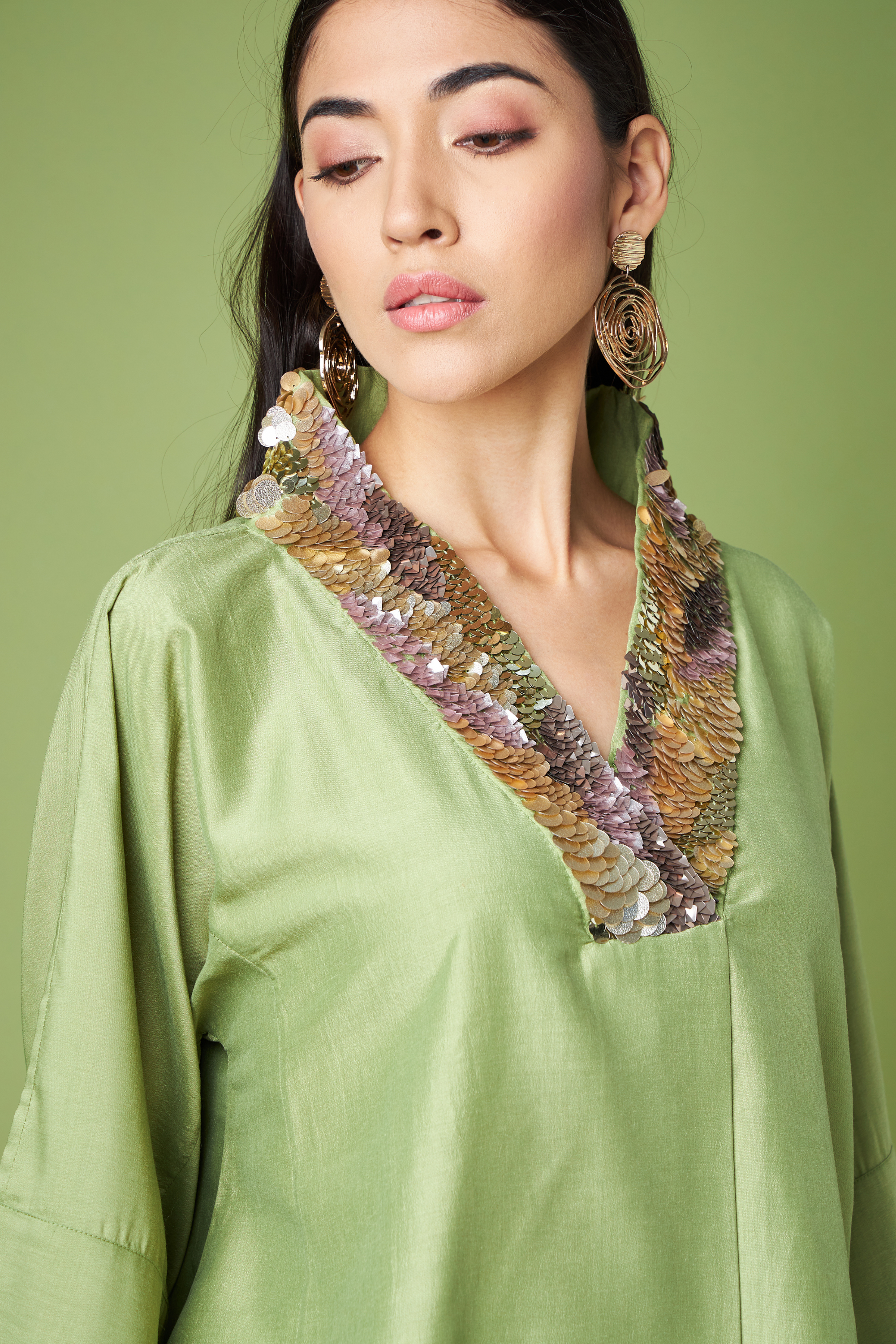 Green Kimono Kaftan Skirt Co-Ord Set With Metallic Neck Embellishment