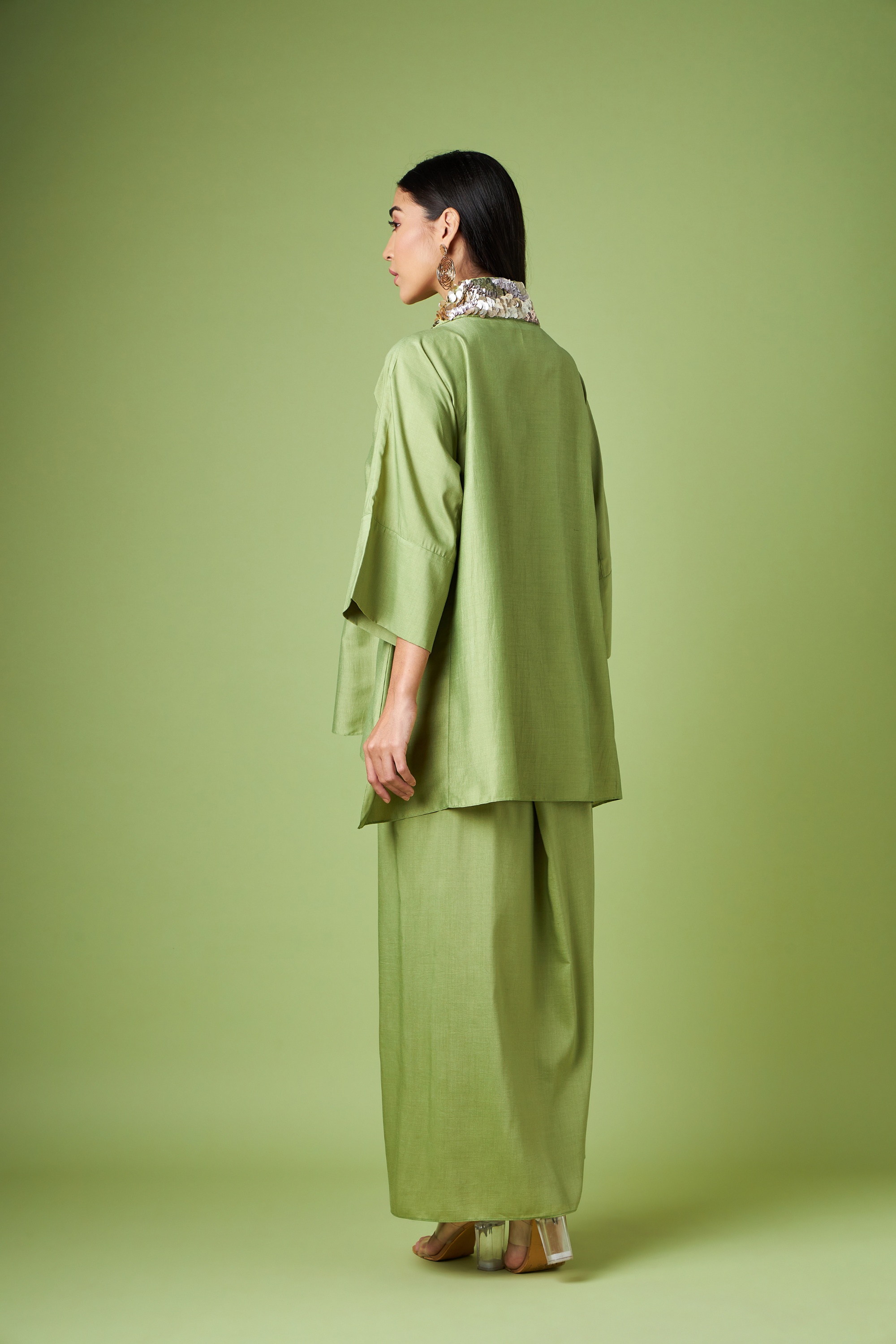 Green Kimono Kaftan Skirt Co-Ord Set With Metallic Neck Embellishment
