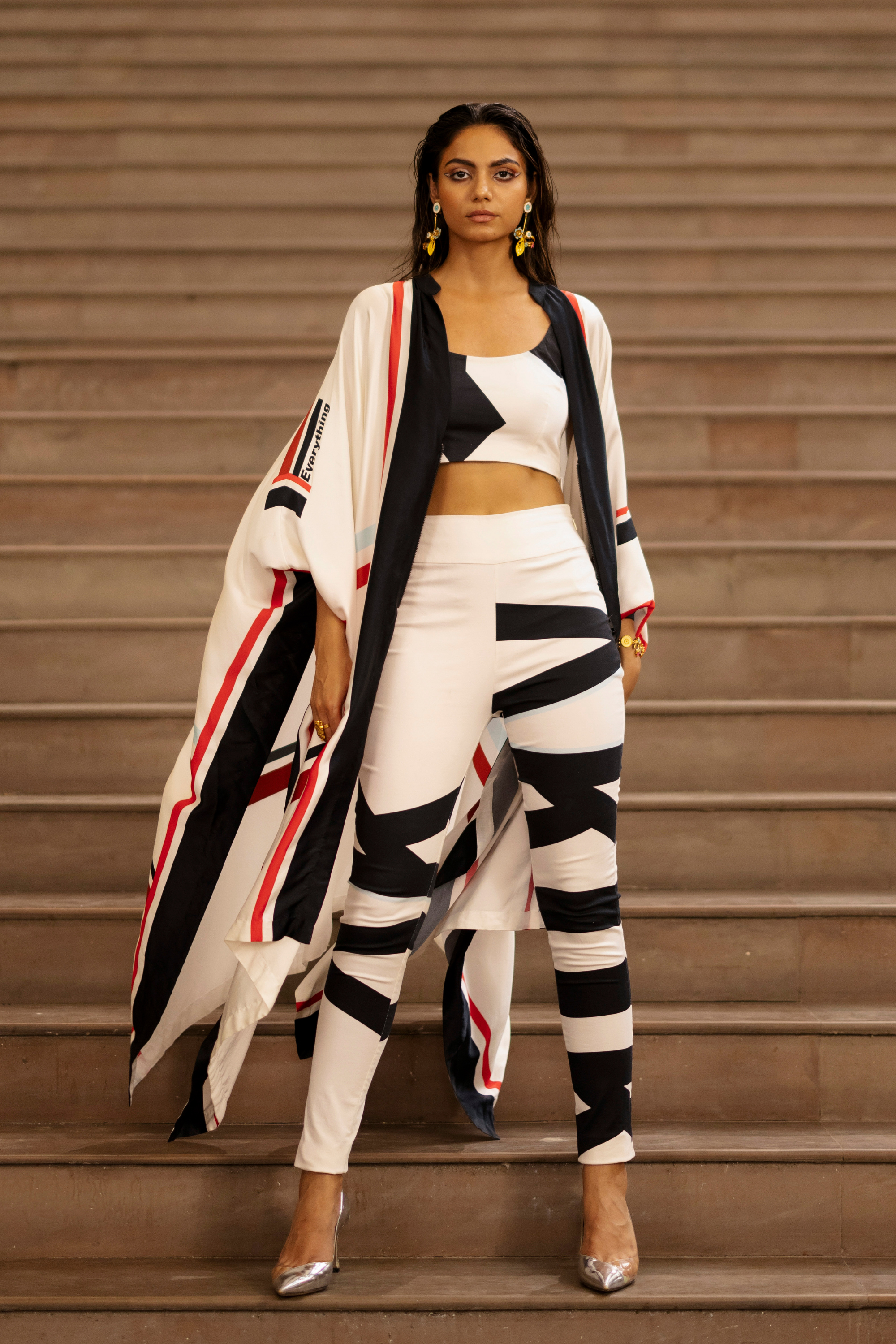 Striper Cape With Crop Top And Pants