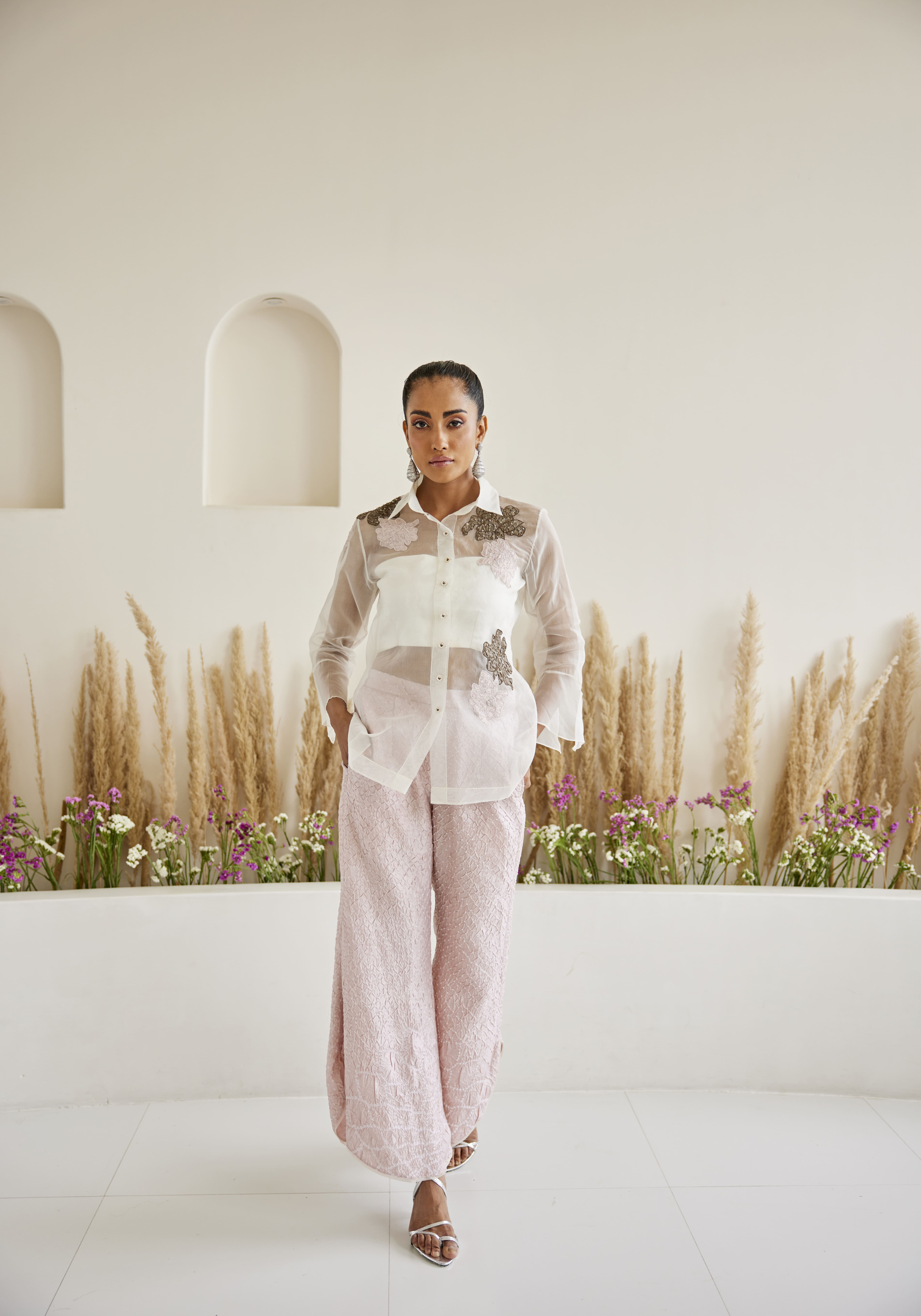 Organza Bandhani Applique Flared Sleeves Top