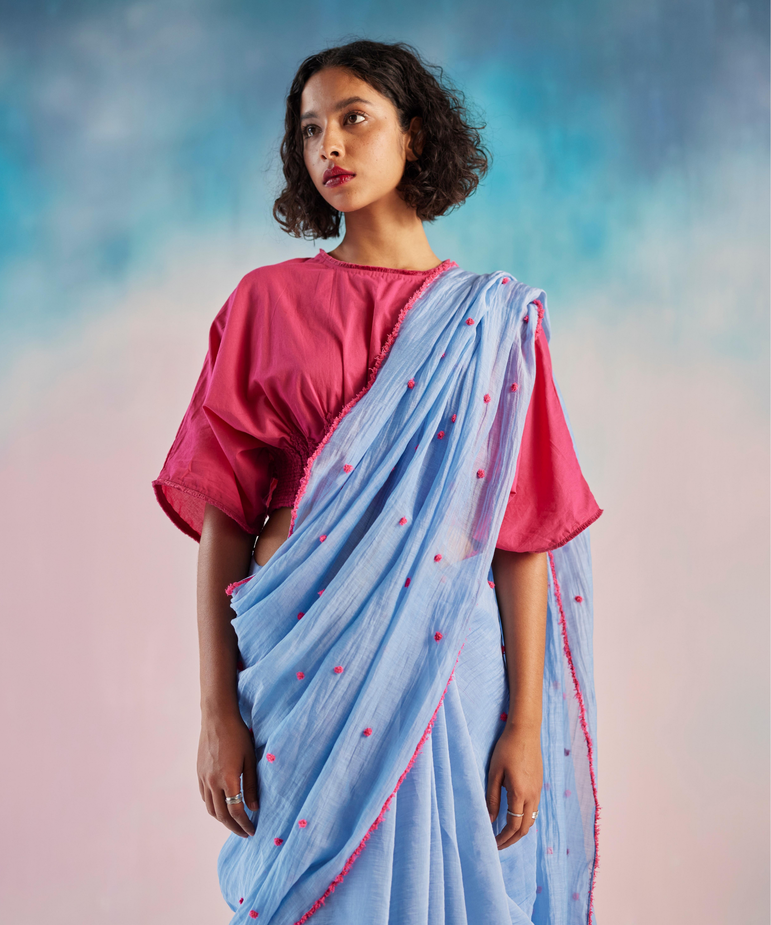 Pink Pom Pom Emb Boy Blue Chanderi Saree