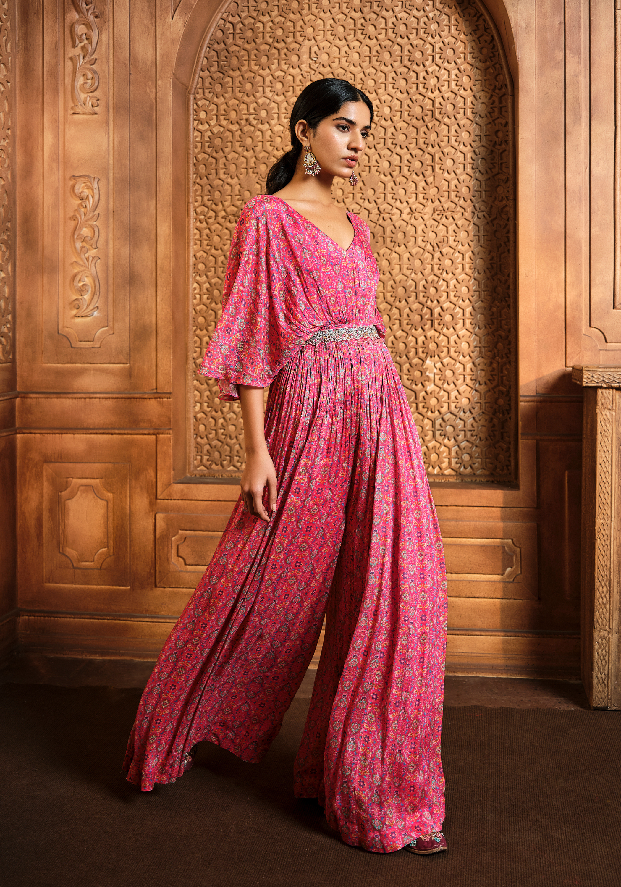 Pink Persian Printed Flared Jumpsuit With Belt
