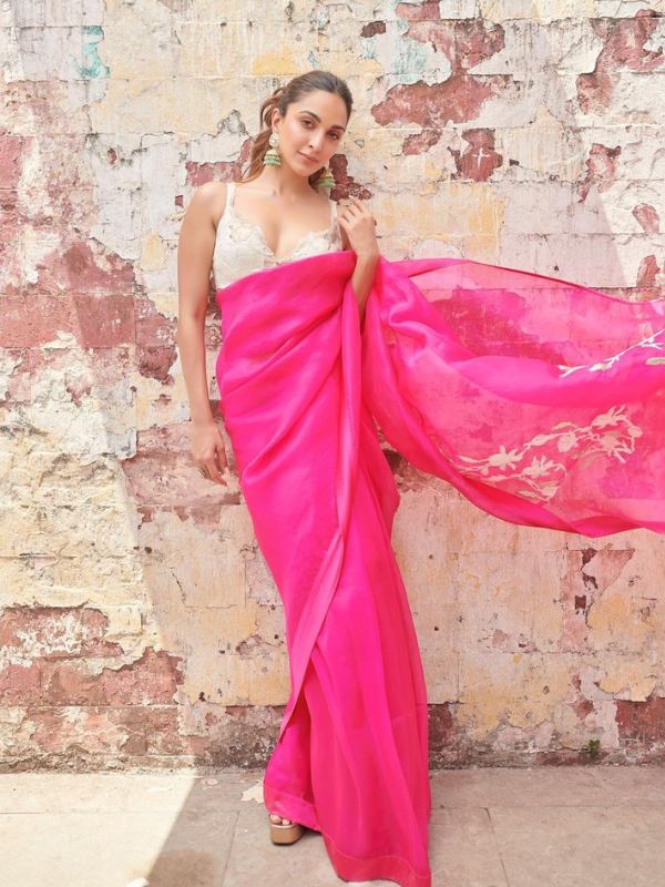 Fuchsia Pink Embroidered Silk Organza Saree