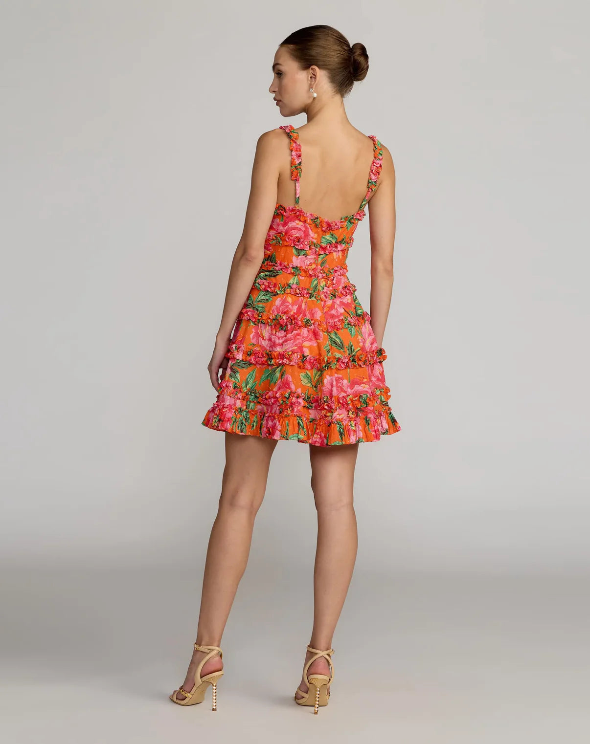 Orange Floral Square Neck Ruffled Cotton Mini Dress
