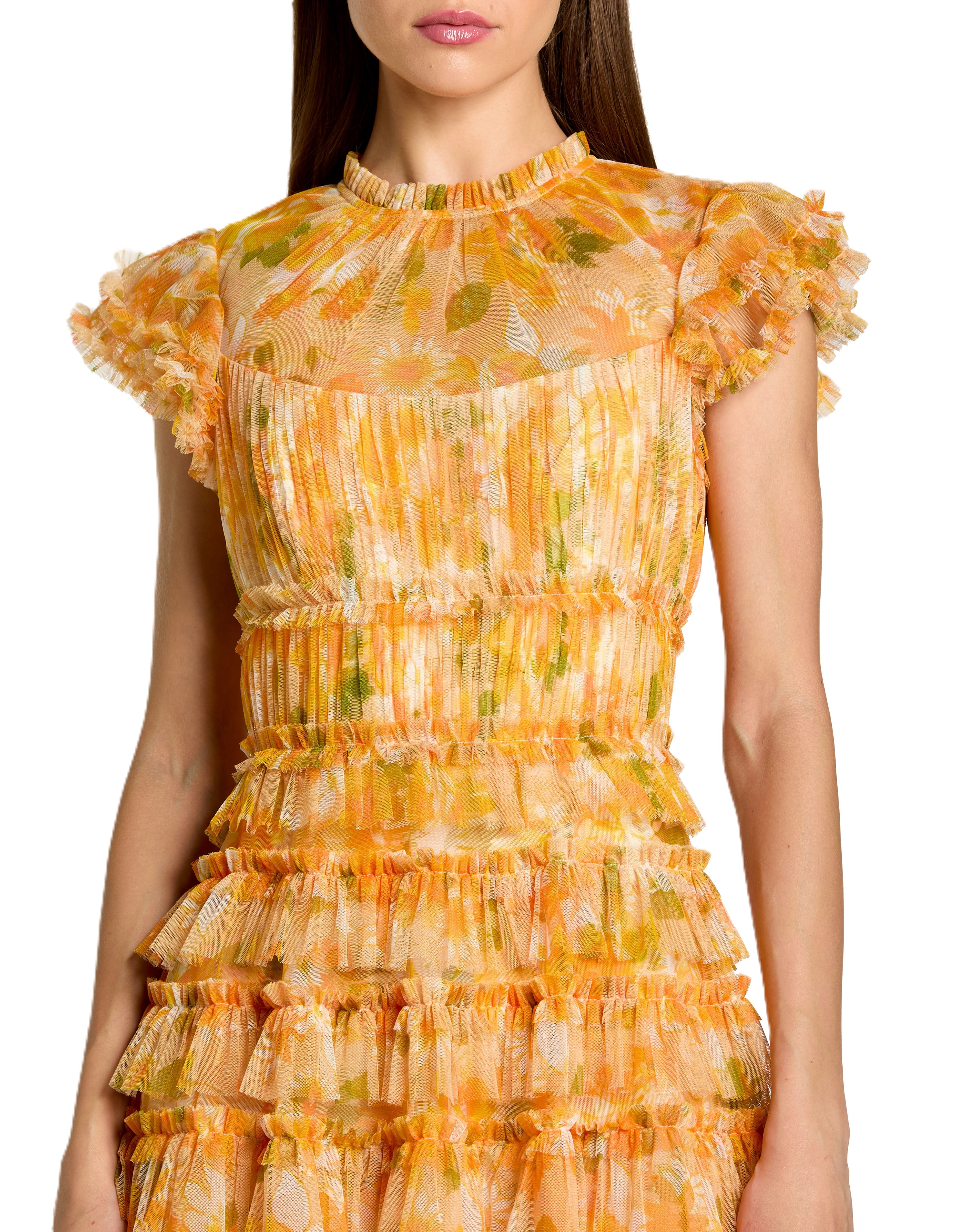 Yellow Ruffel Midi Dress With Short Sleeves