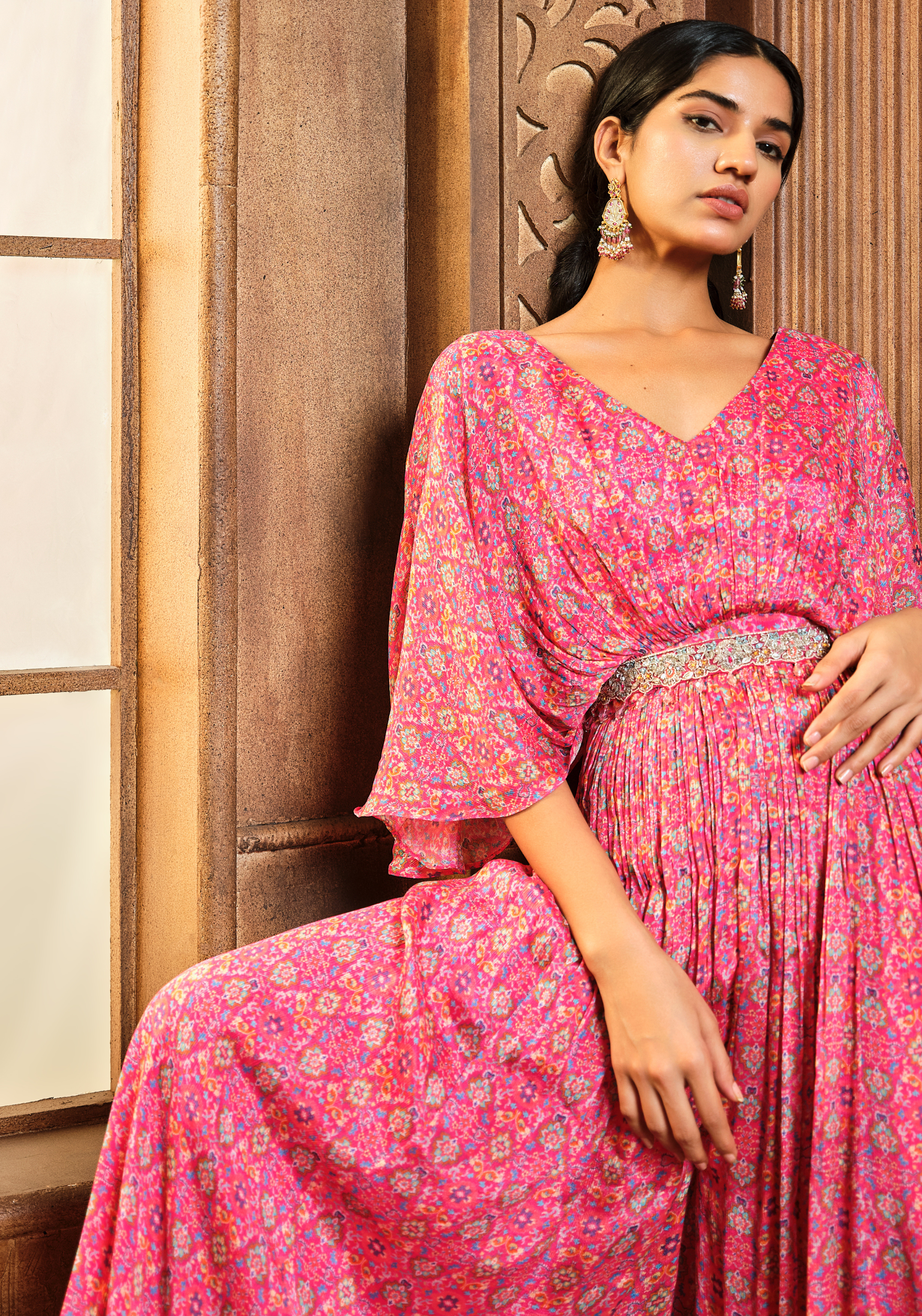 Pink Persian Printed Flared Jumpsuit With Belt