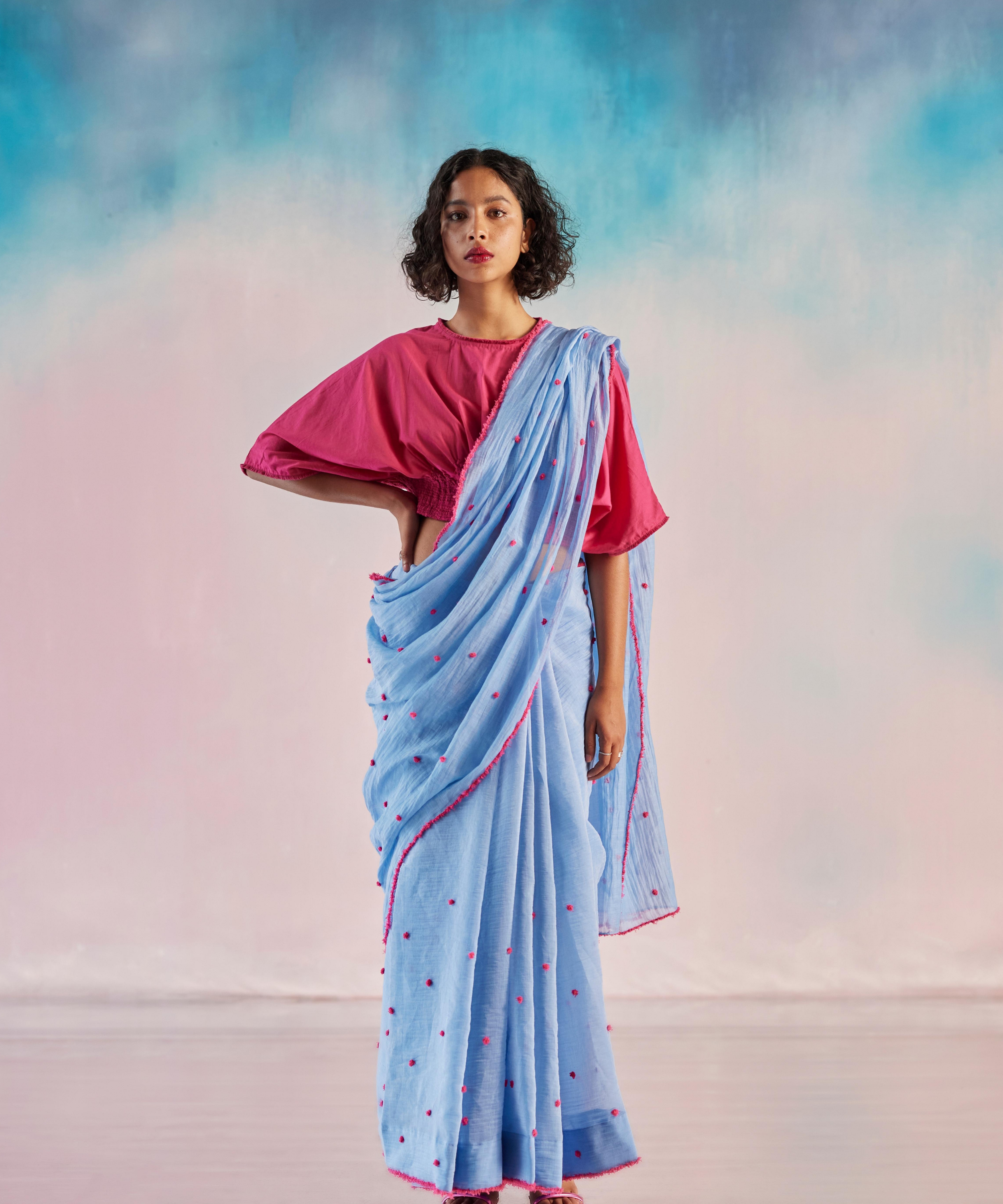 Pink Pom Pom Emb Boy Blue Chanderi Saree