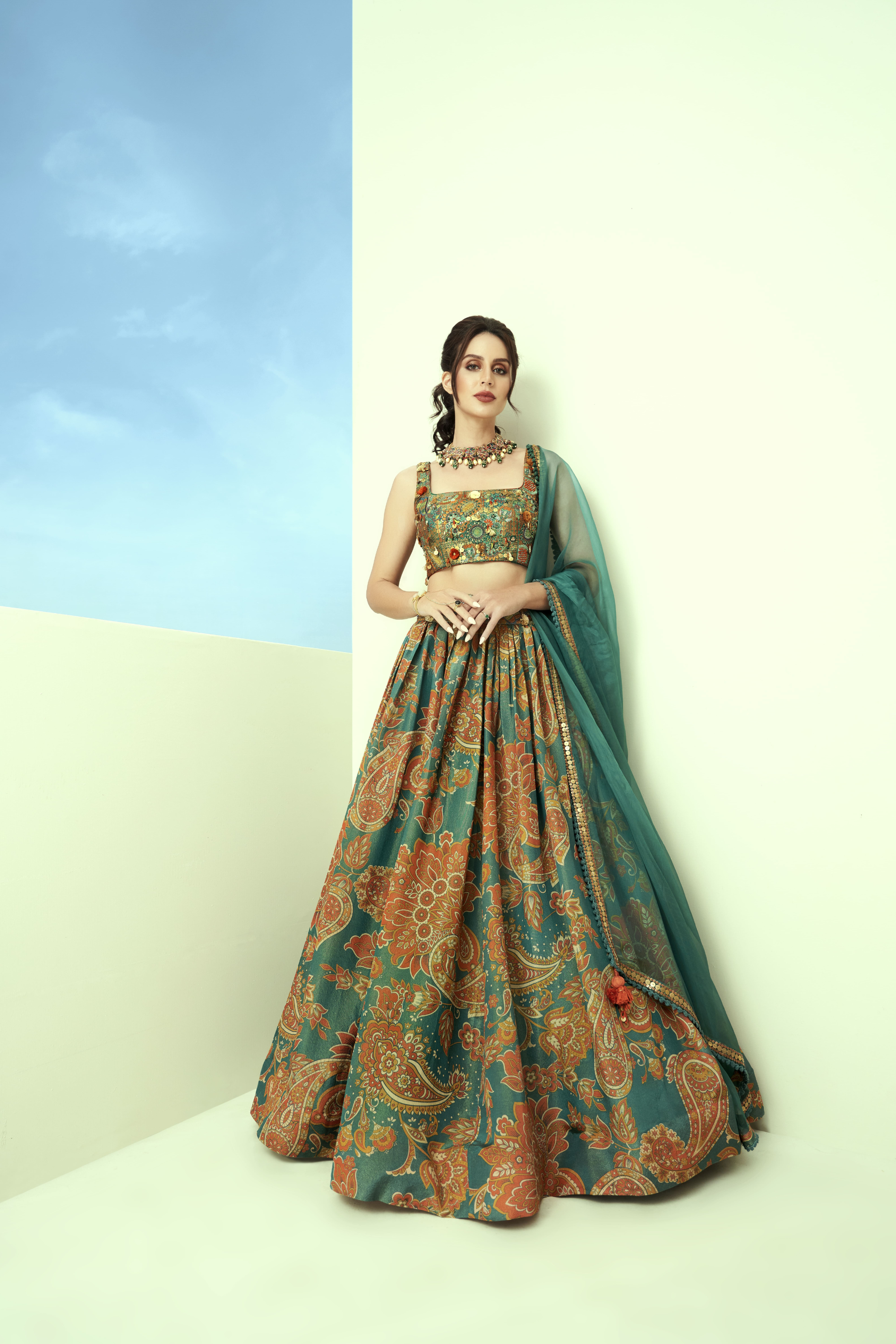 Blue Printed Tissue Waist Emb. Lehenga