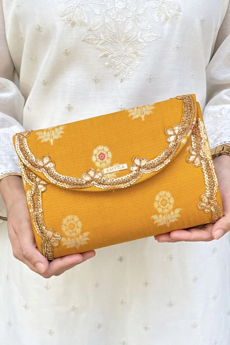Bahaar Pure Silk Flapover Clutch - Yellow