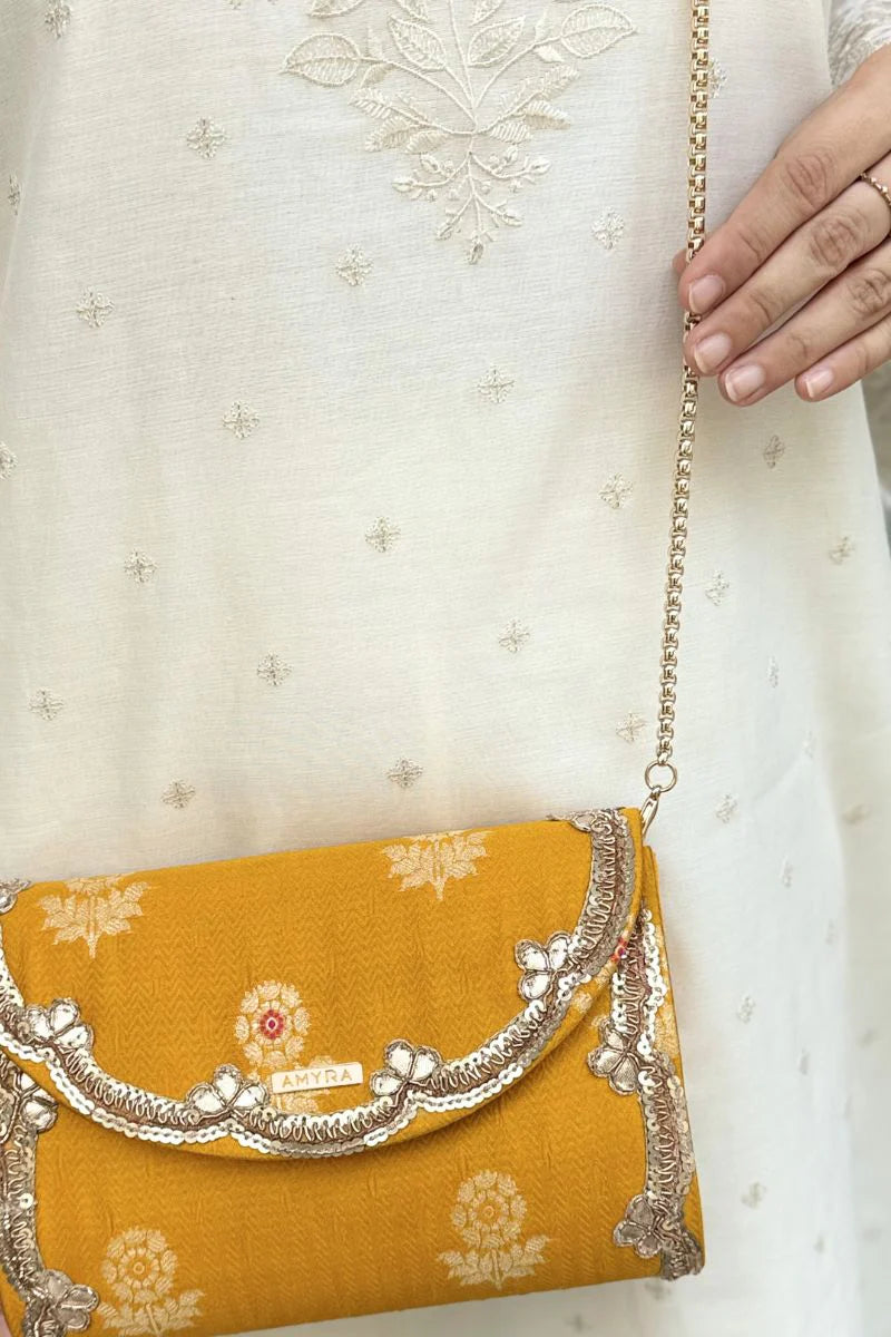 Bahaar Pure Silk Flapover Clutch - Yellow
