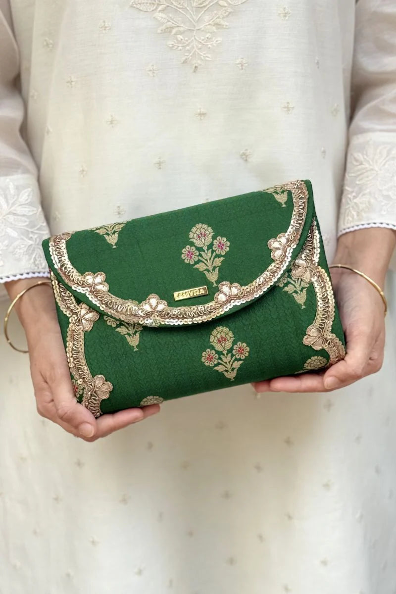 Bahaar Pure Silk Flapover Clutch - Green
