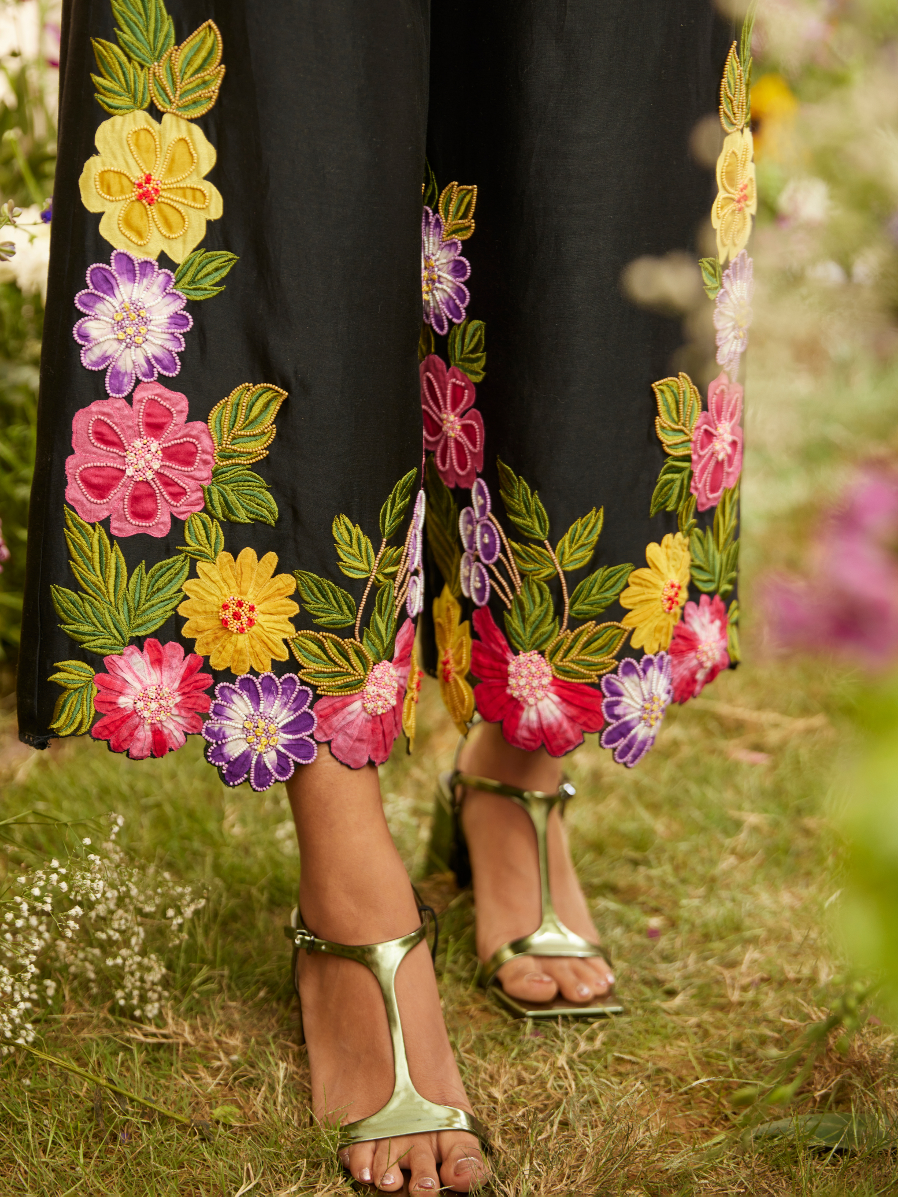 Black Floral Applique Pants