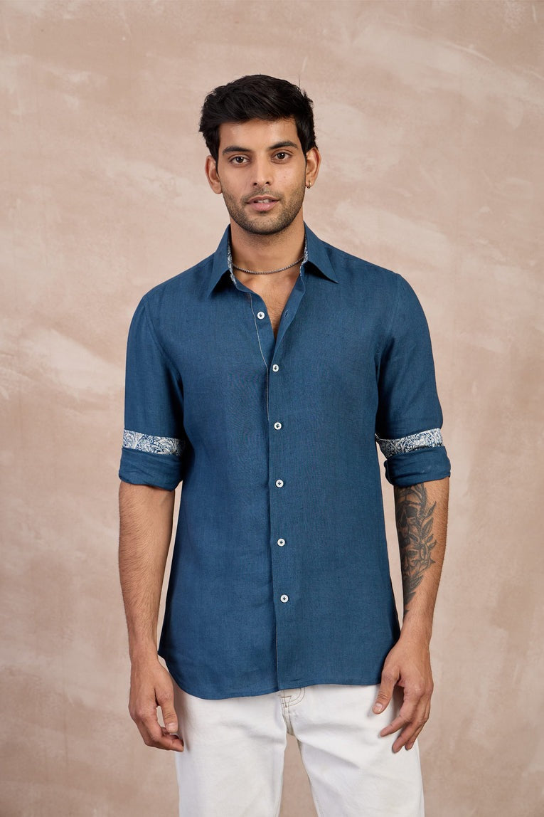 Teal Blue Flower Emb Linen Shirt