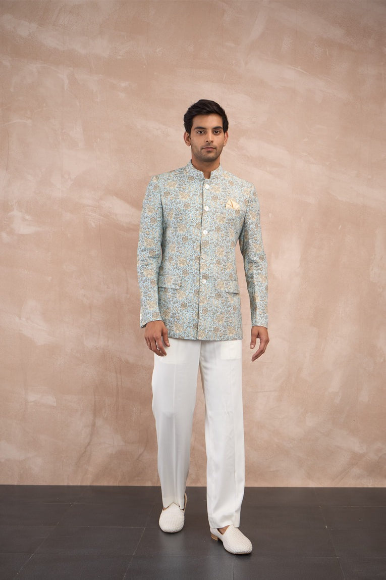 Powder Blue Sunflower Linen Bandhgala Set