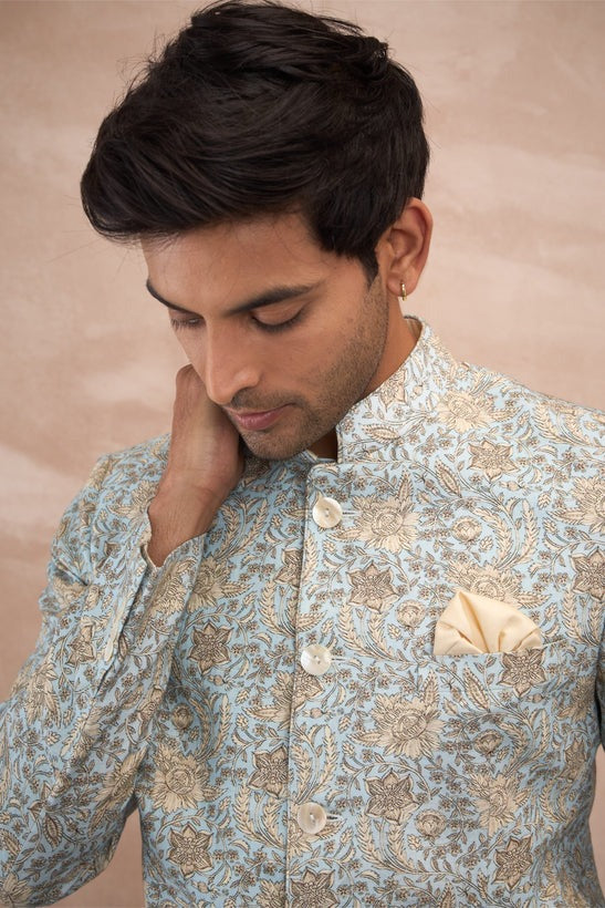 Powder Blue Sunflower Linen Bandhgala Set