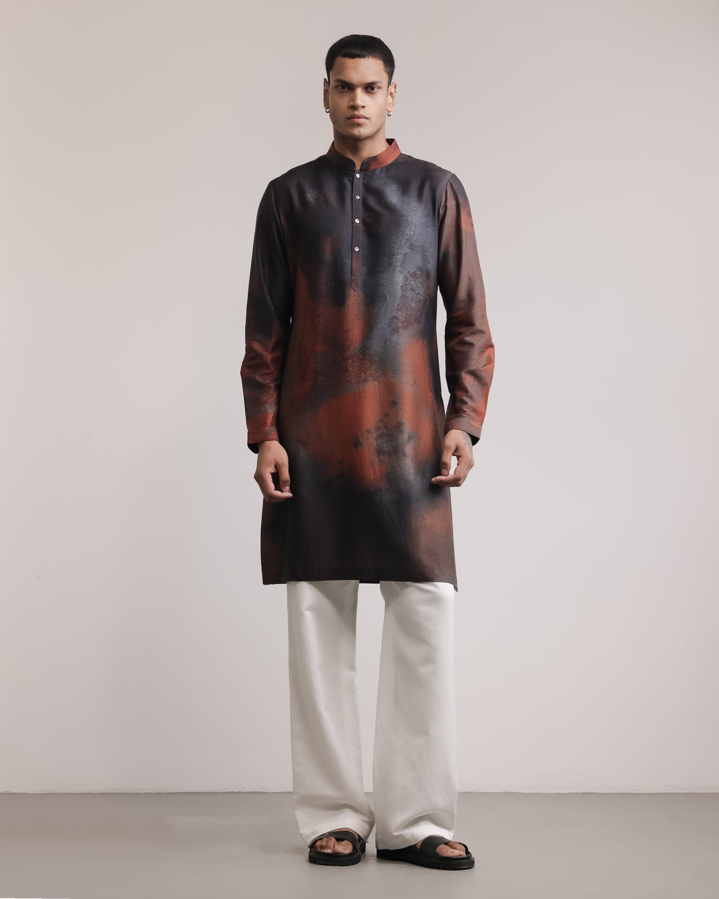 Rust-concrete Print Silk Kurta