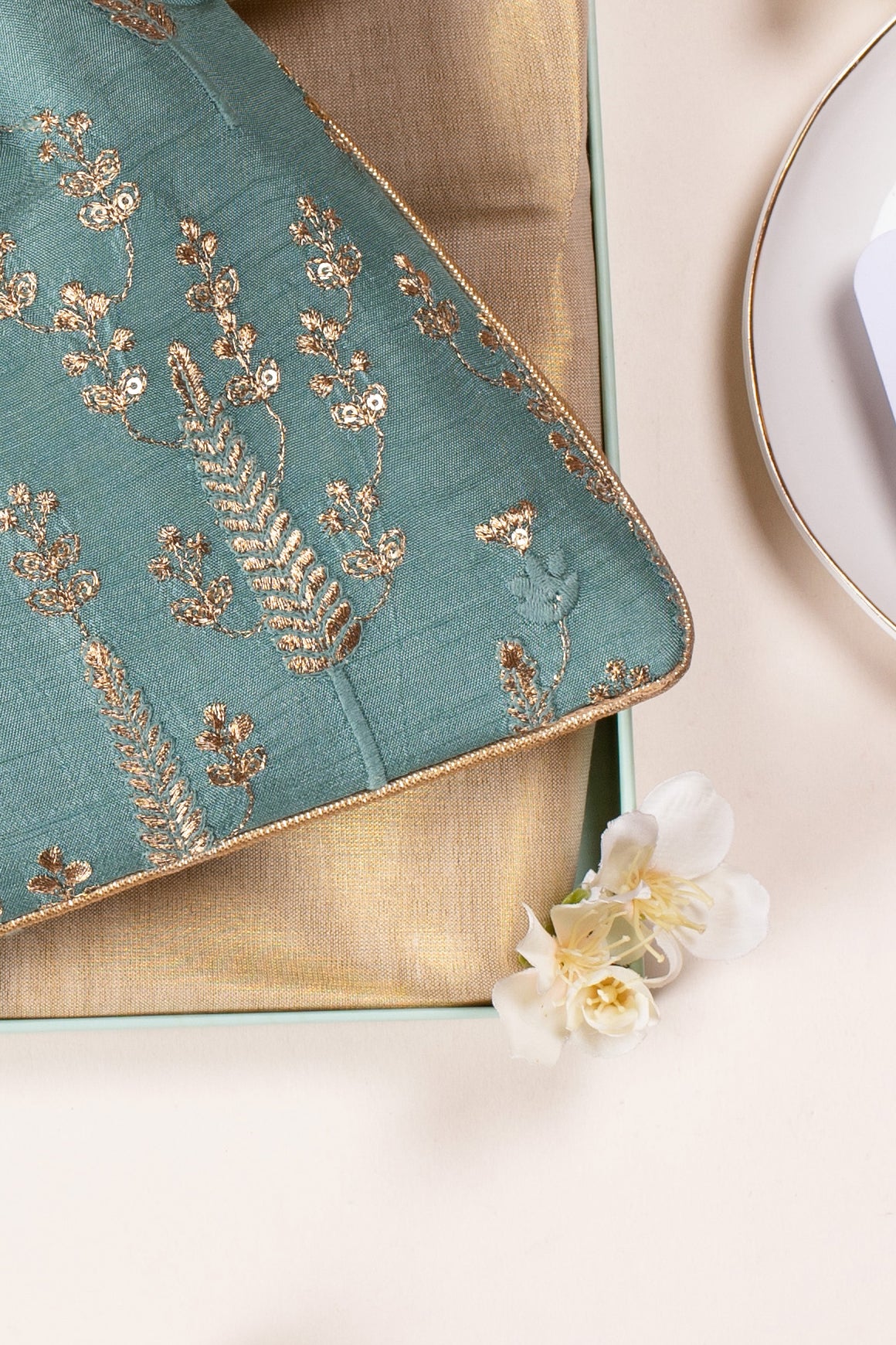 Arbre Silk Embroidered Potli Bag Blue Green