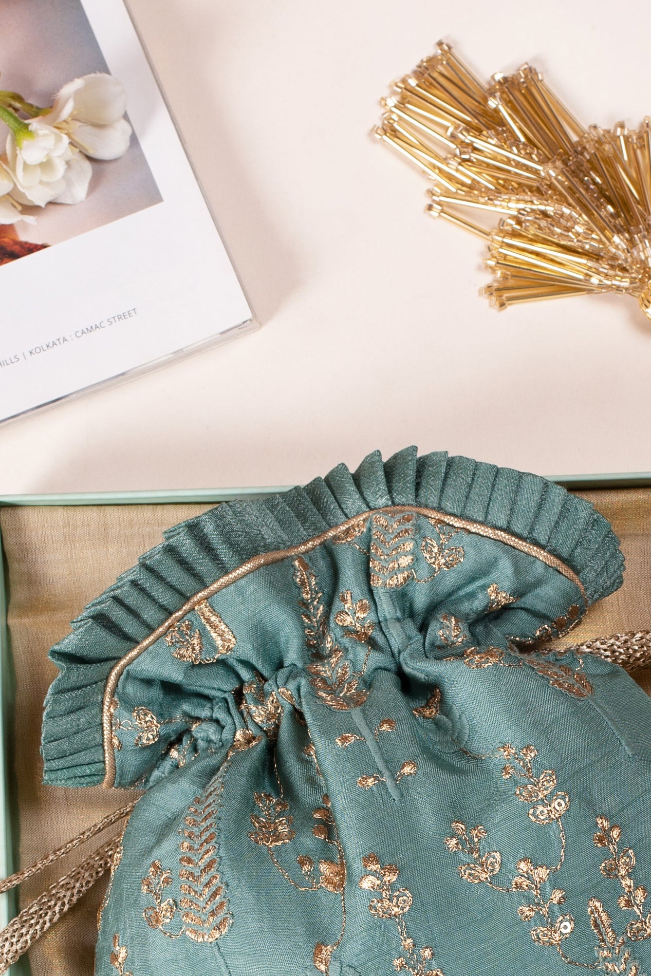 Arbre Silk Embroidered Potli Bag Blue Green