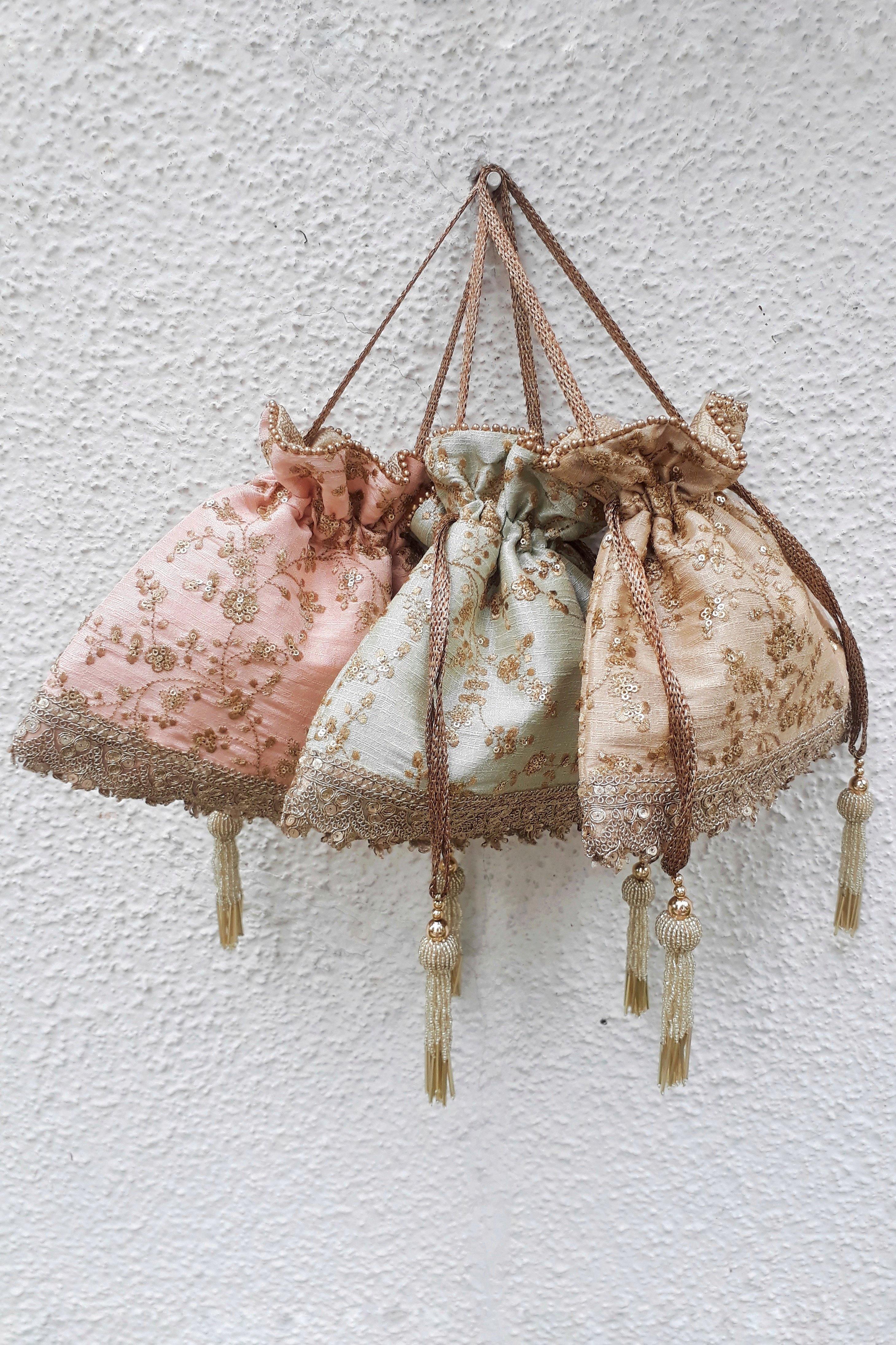 Alia Silk Embroidered Potli Bag Beige