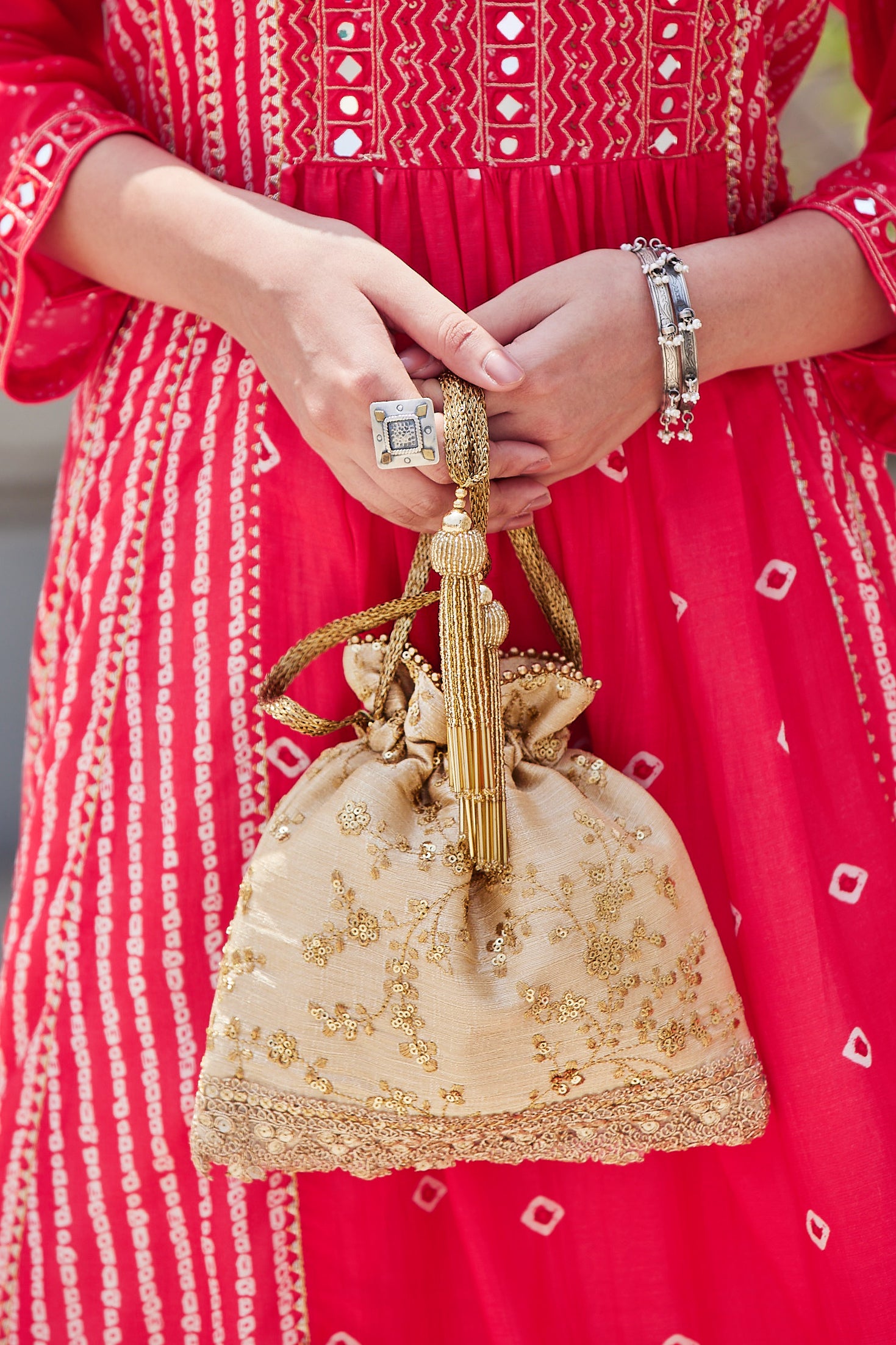 Alia Silk Embroidered Potli Bag Beige