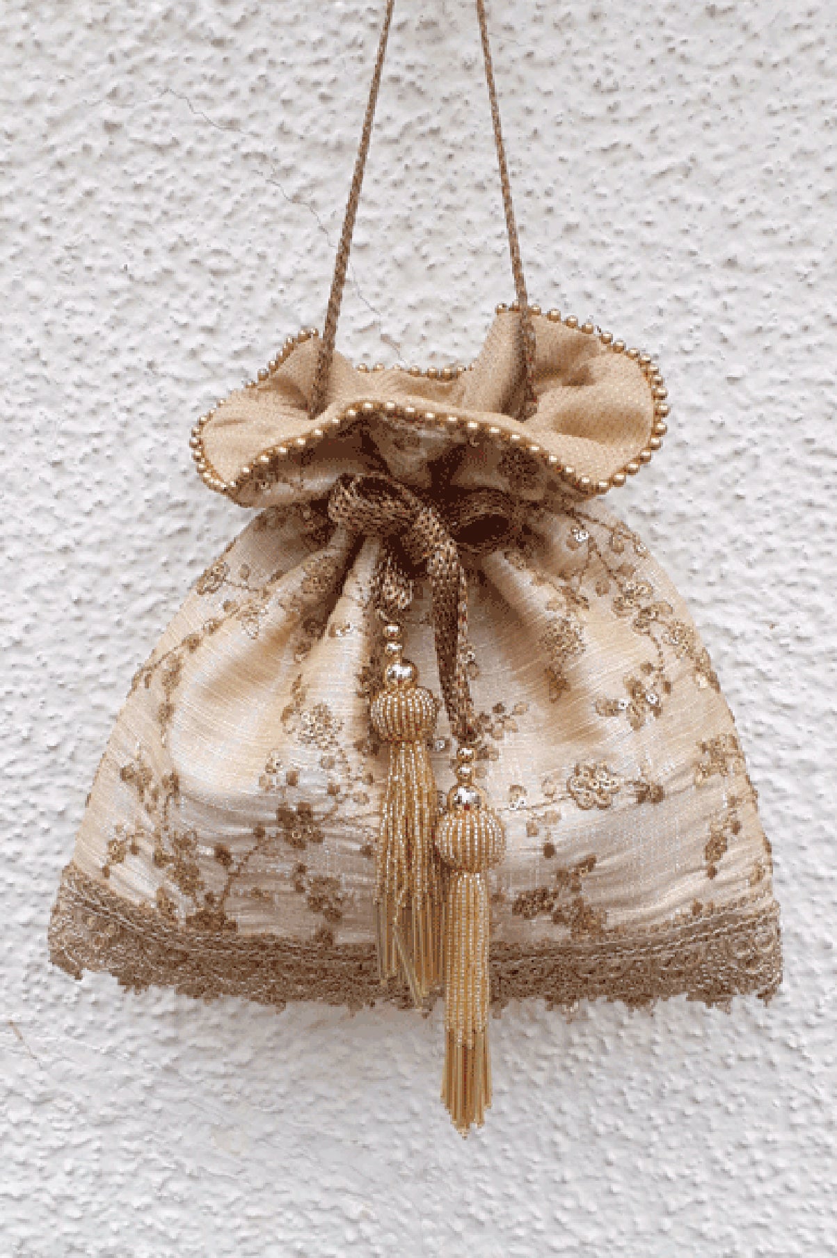 Alia Silk Embroidered Potli Bag Beige