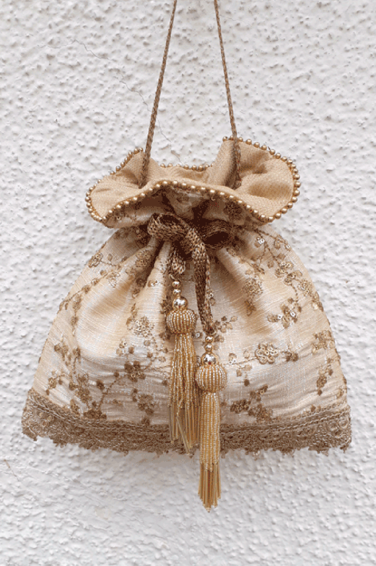 Alia Silk Embroidered Potli Bag Beige