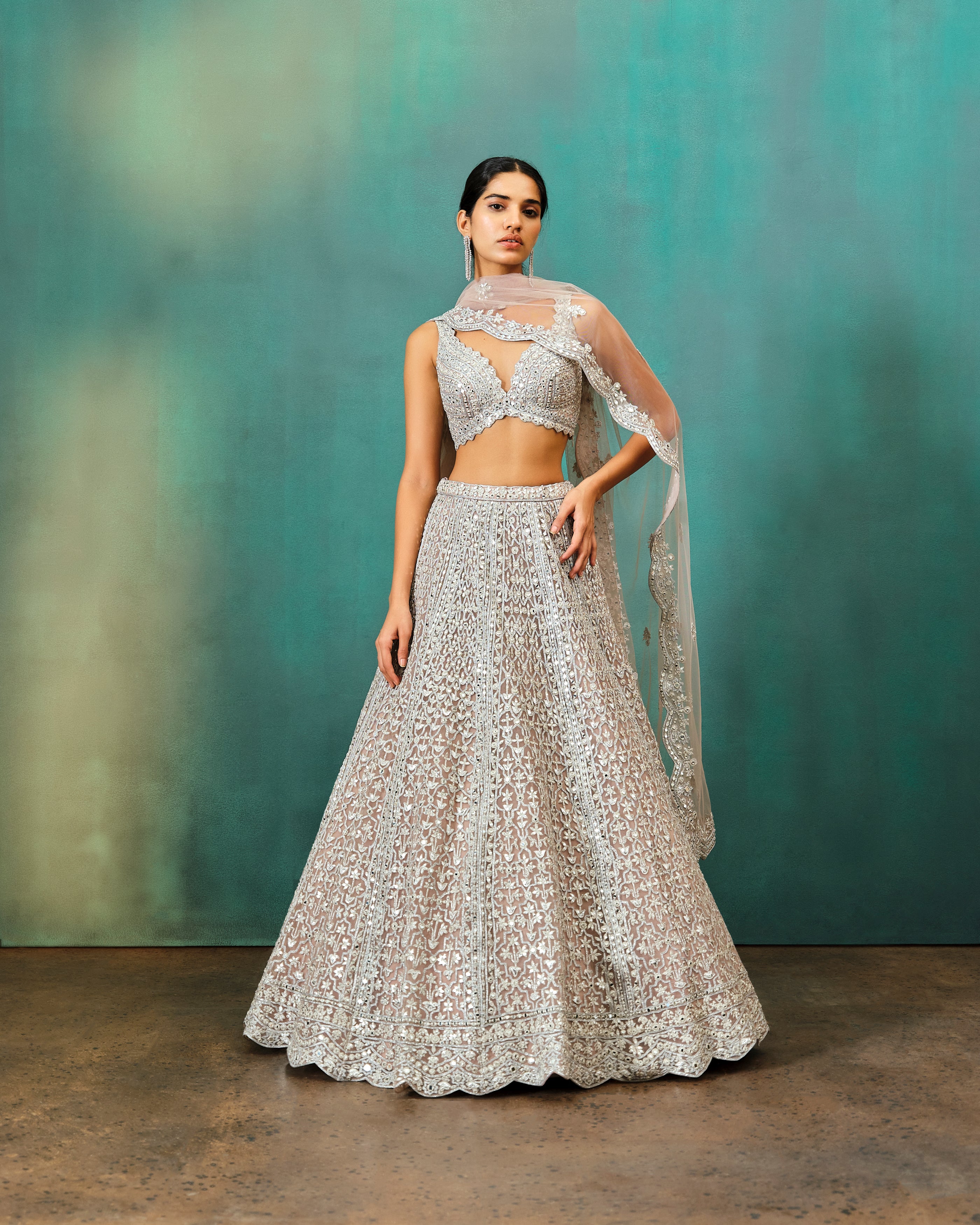 Taupe Checks Mirror Lehenga