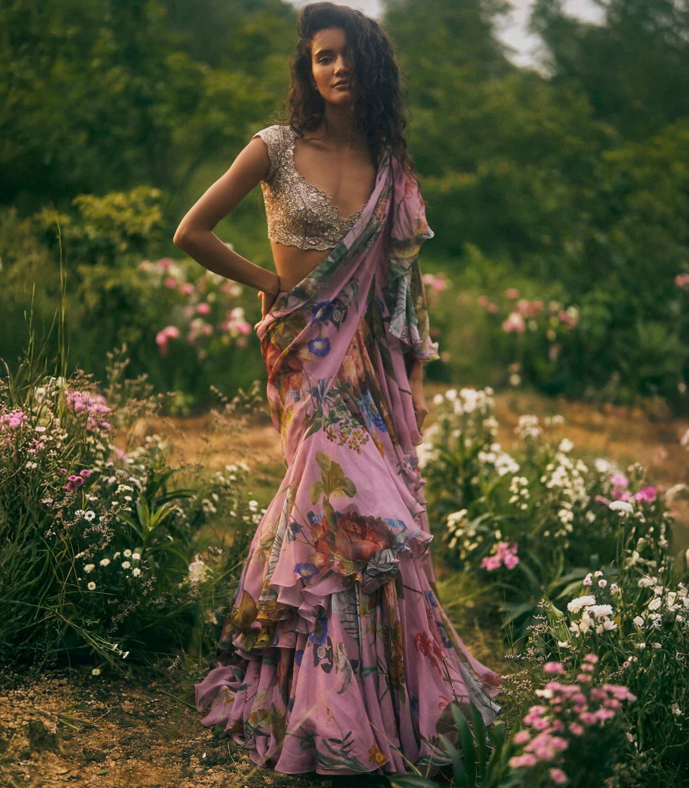 Akhila Printed Ruffle Saree Set